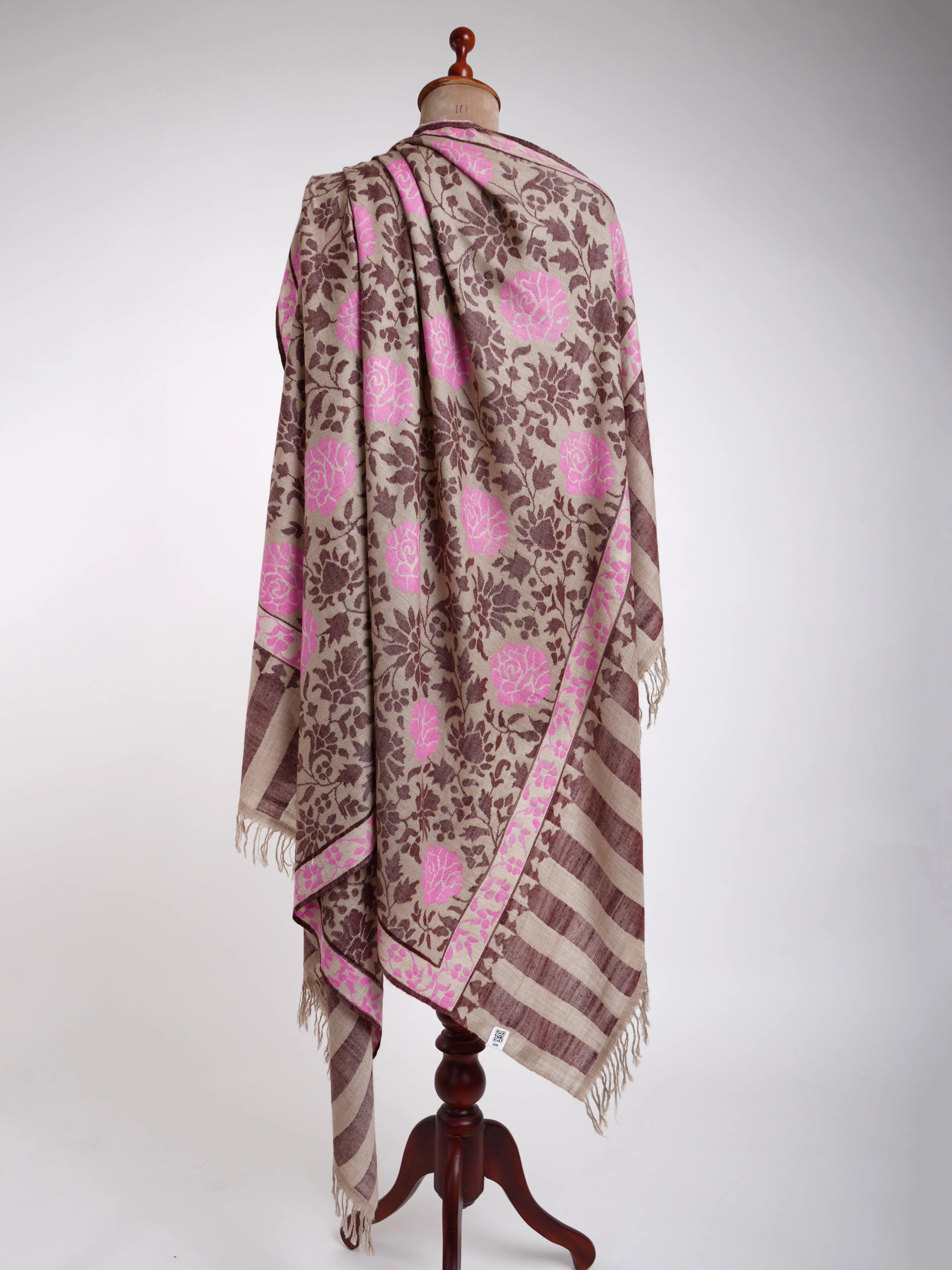 Light Beige With Pink Kani Weave Certified Cashmere Shawl Shahkaar