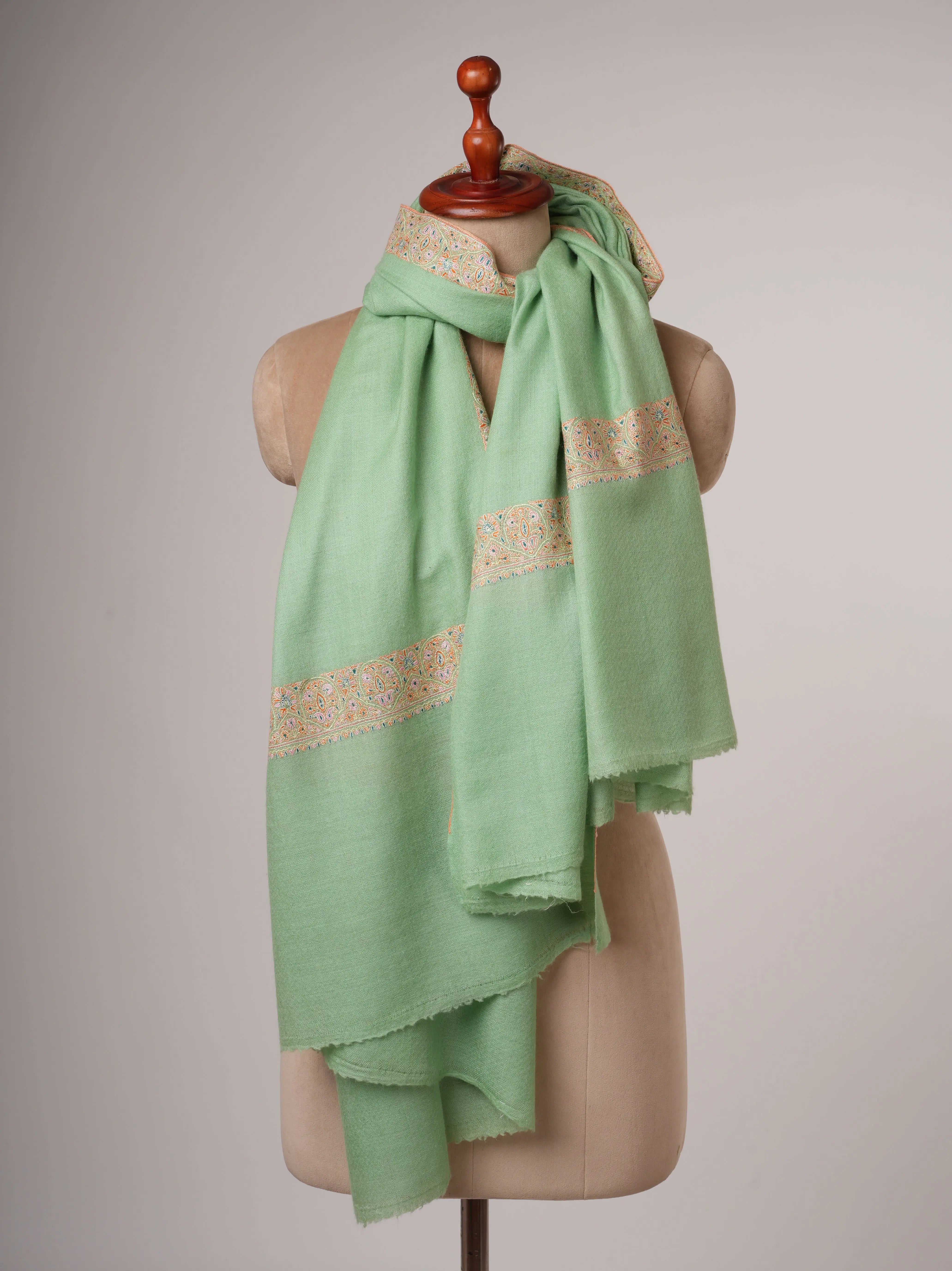 Light Green Neemdaur Fine Embroidered Pashmina Shawl – Luxury Kashmiri Wrap Shahkaar