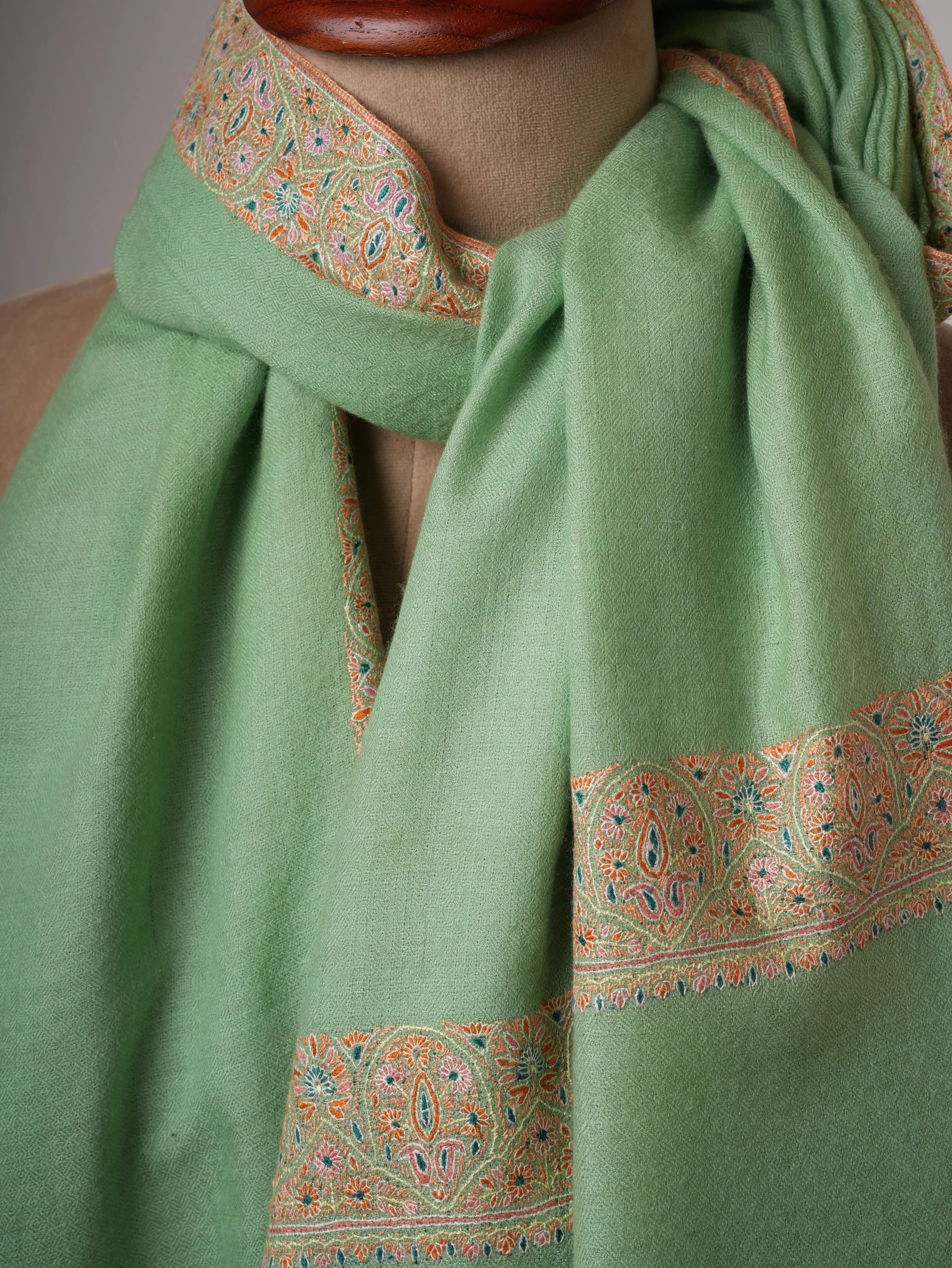 Light Green Neemdaur Fine Embroidered Pashmina Shawl – Luxury Kashmiri Wrap Shahkaar