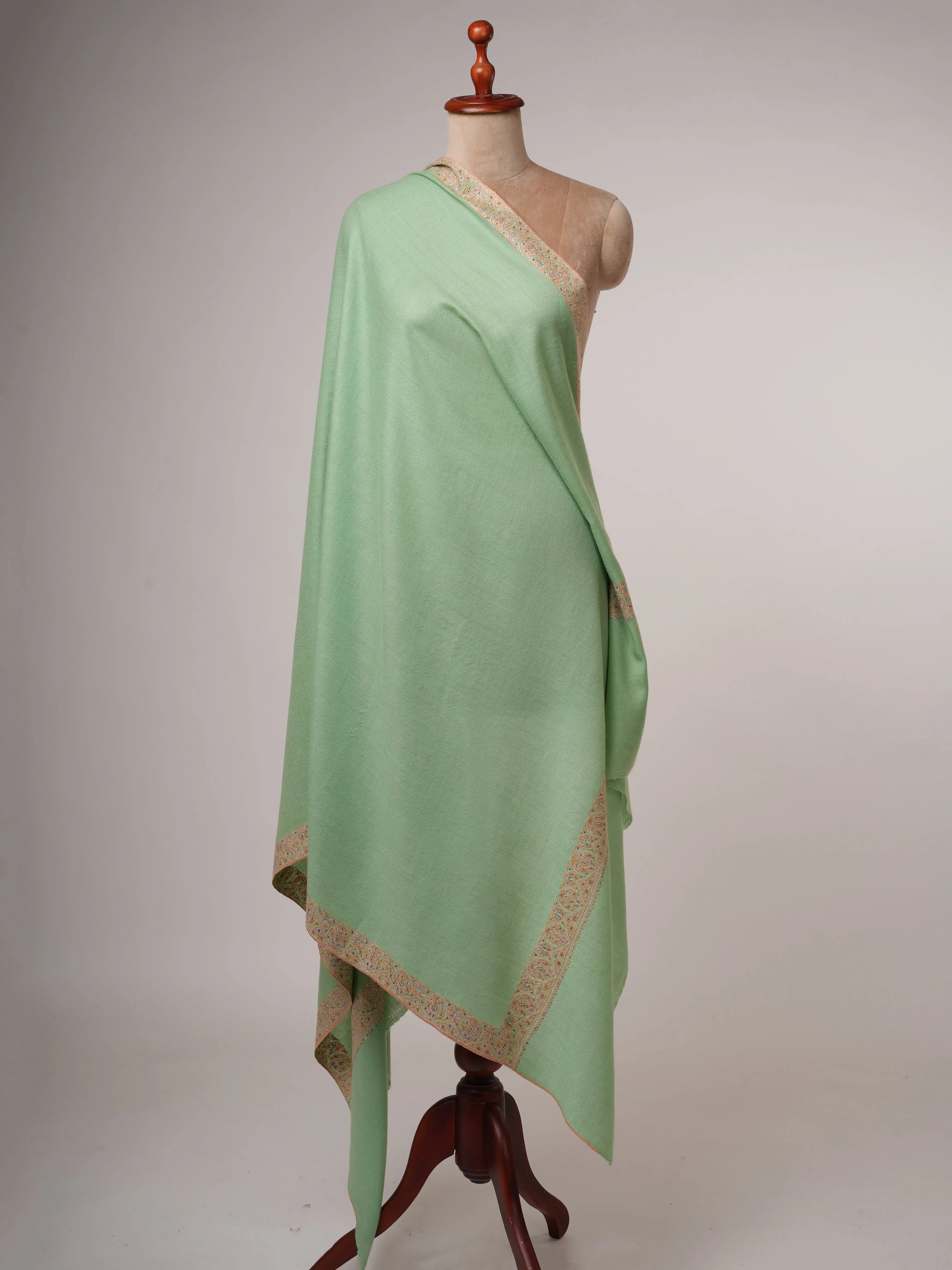 Light Green Neemdaur Fine Embroidered Pashmina Shawl – Luxury Kashmiri Wrap Shahkaar