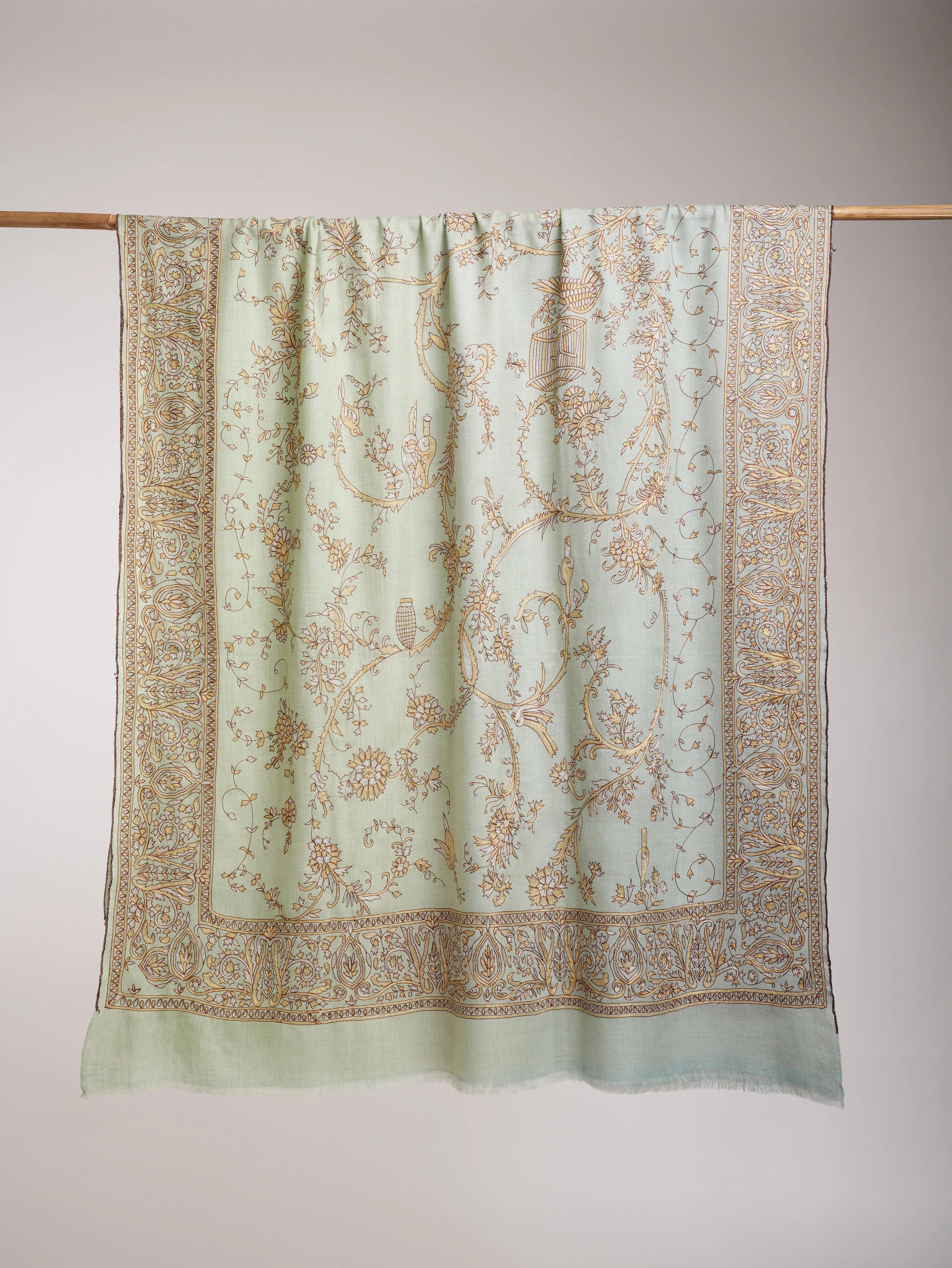 Light Green Zari Embroidered Indian Pashmina Shawl Shahkaar