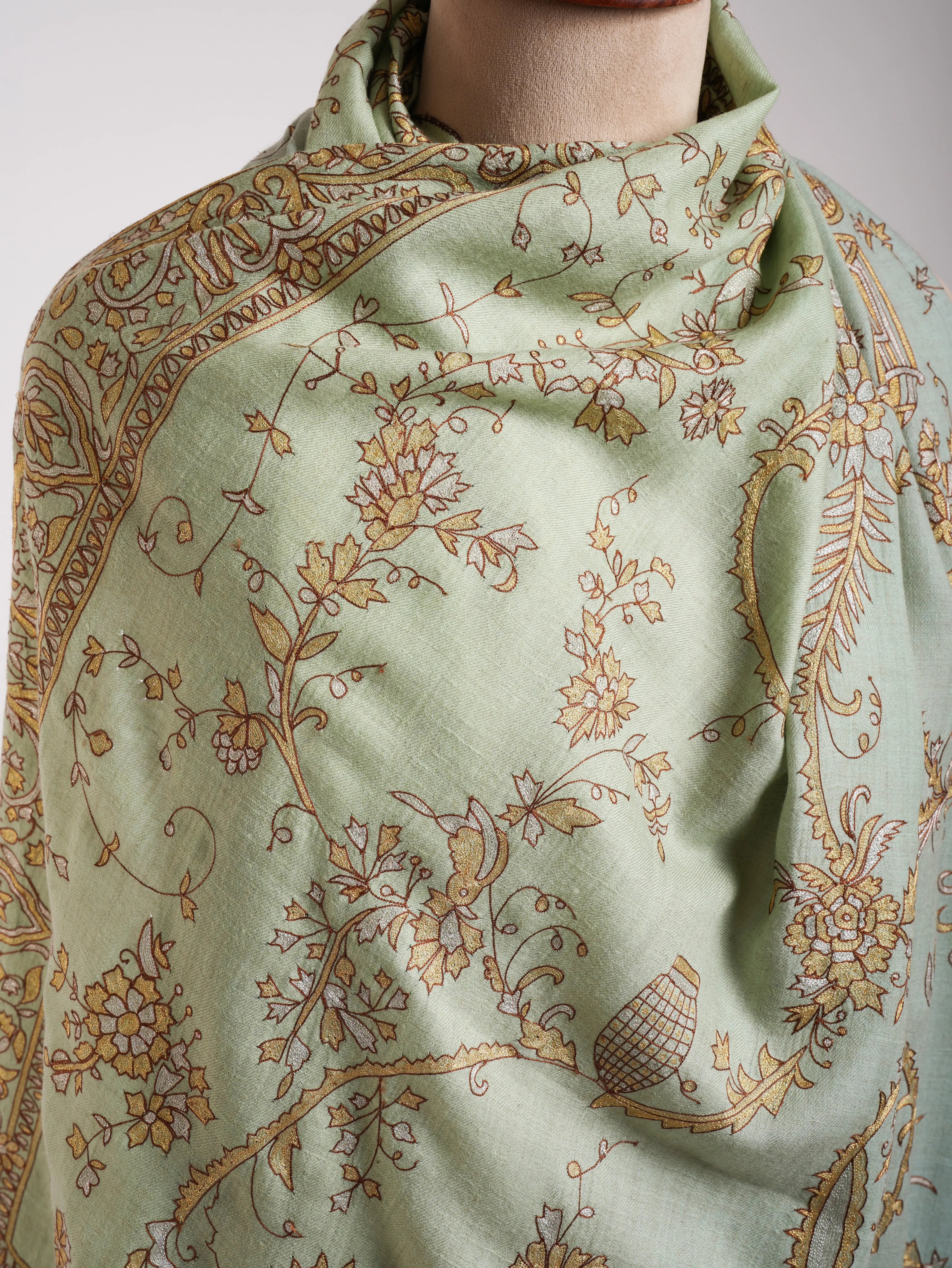 Light Green Zari Embroidered Indian Pashmina Shawl Shahkaar