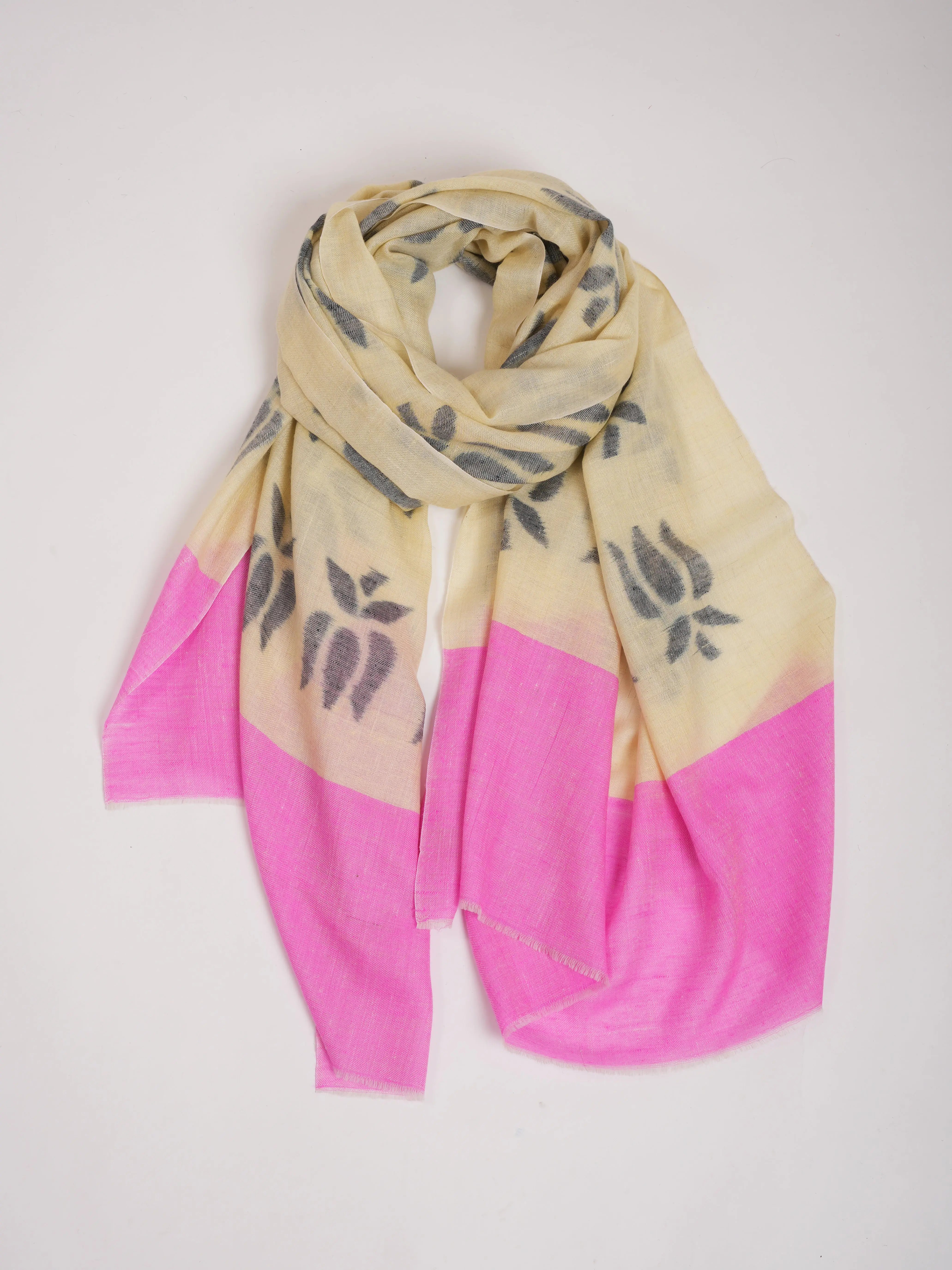 Lotus Ikat Pashmina Shawl in Pearl Black and Pink Color Shahkaar