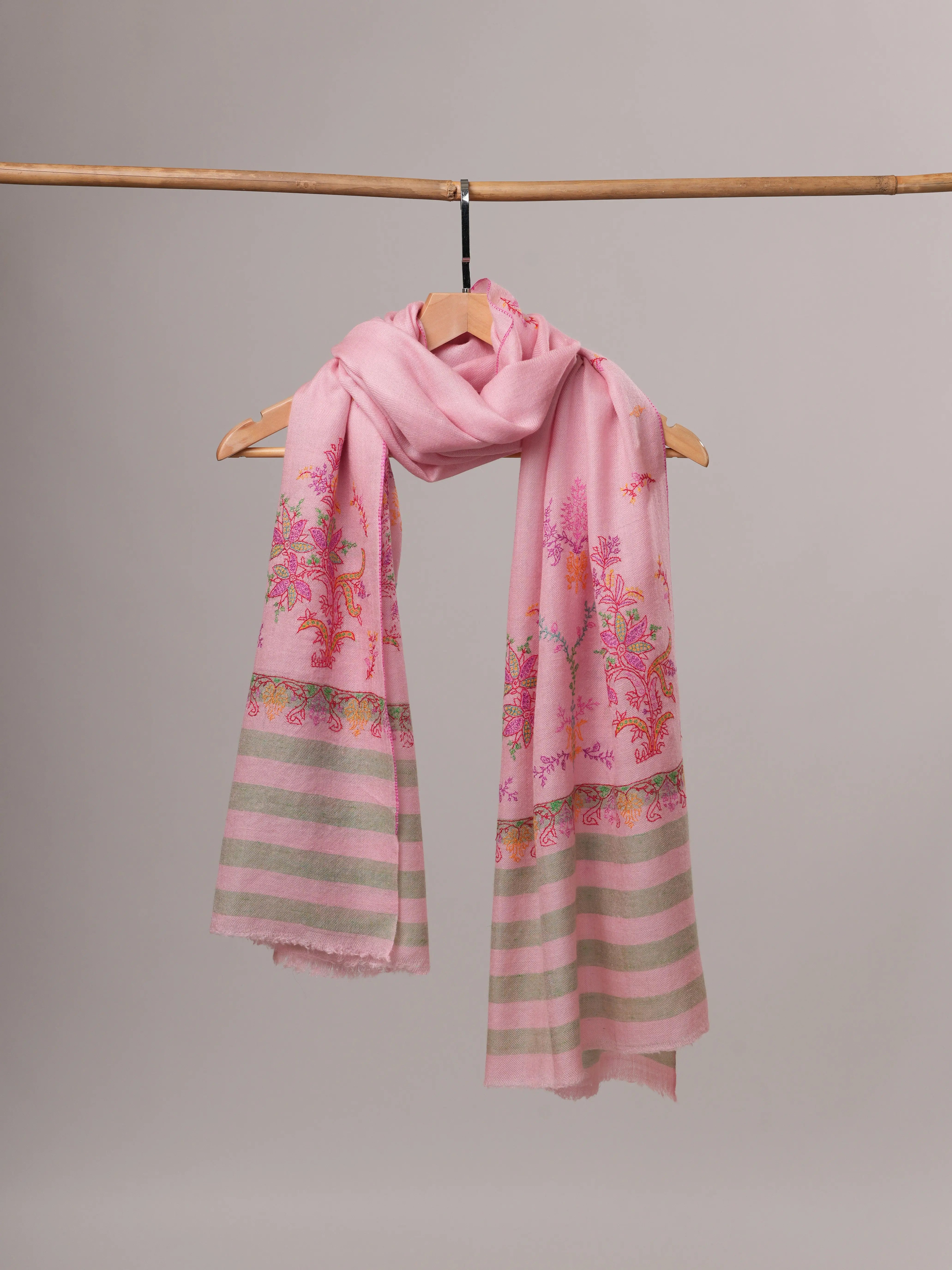 Luxurious Baby Pink Cashmere Scarf Featuring Delicate Palla Handwork Shahkaar