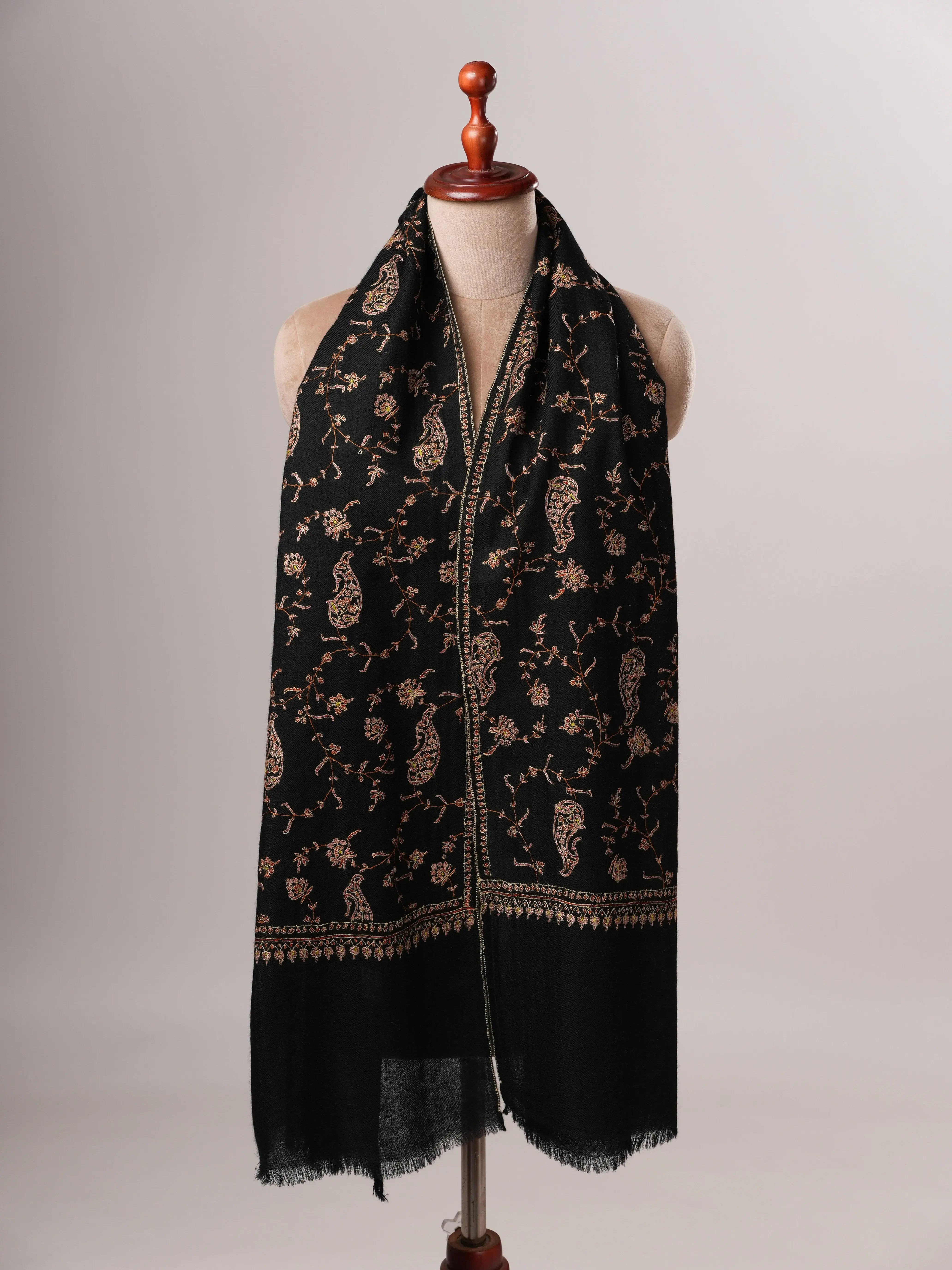 Luxurious Black Cashmere Wrap with All Over Hand Embroidered Motifs Shahkaar