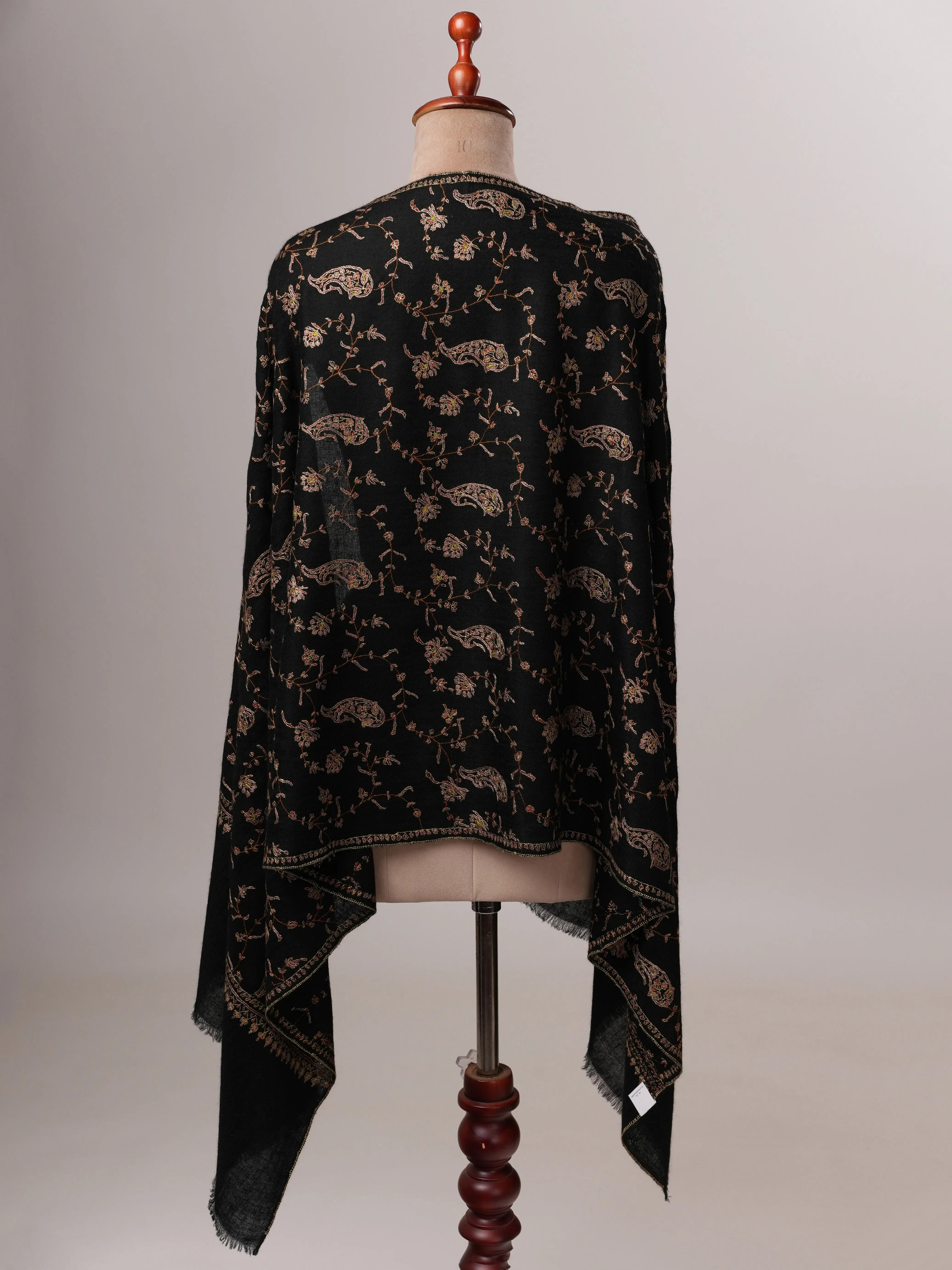 Luxurious Black Cashmere Wrap with All Over Hand Embroidered Motifs Shahkaar