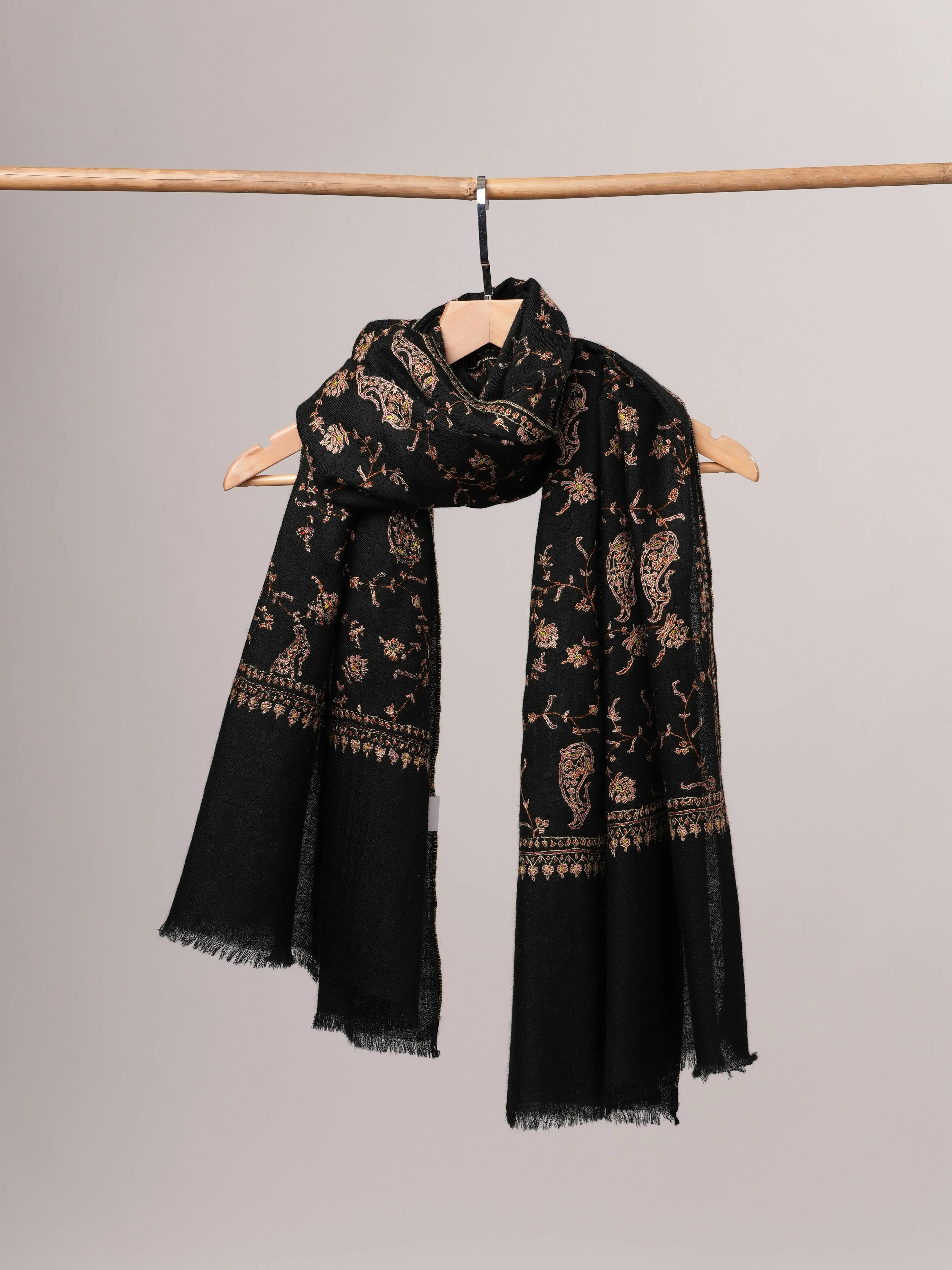Luxurious Black Cashmere Wrap with All Over Hand Embroidered Motifs Shahkaar