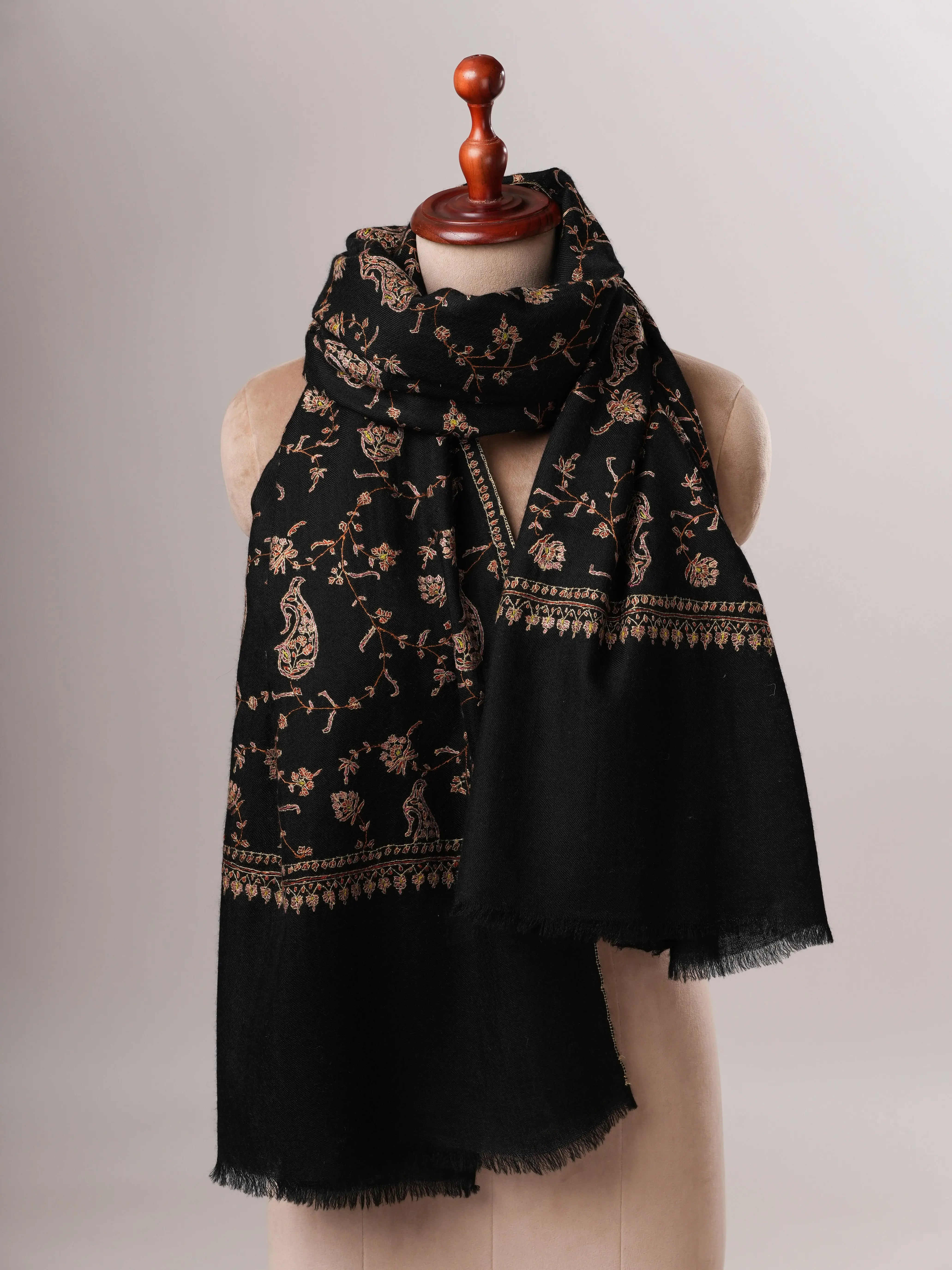 Luxurious Black Cashmere Wrap with All Over Hand Embroidered Motifs Shahkaar