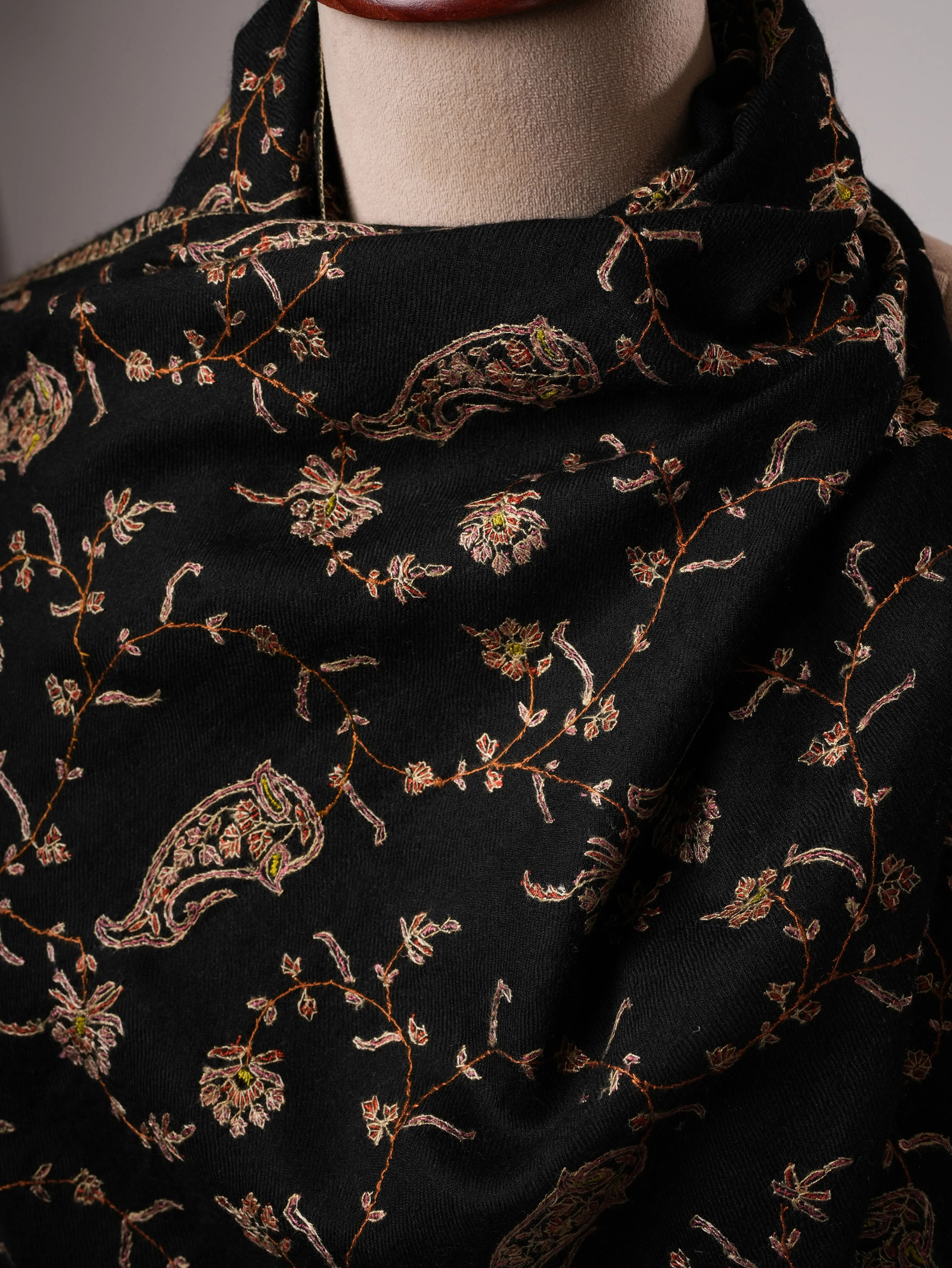 Luxurious Black Cashmere Wrap with All Over Hand Embroidered Motifs Shahkaar