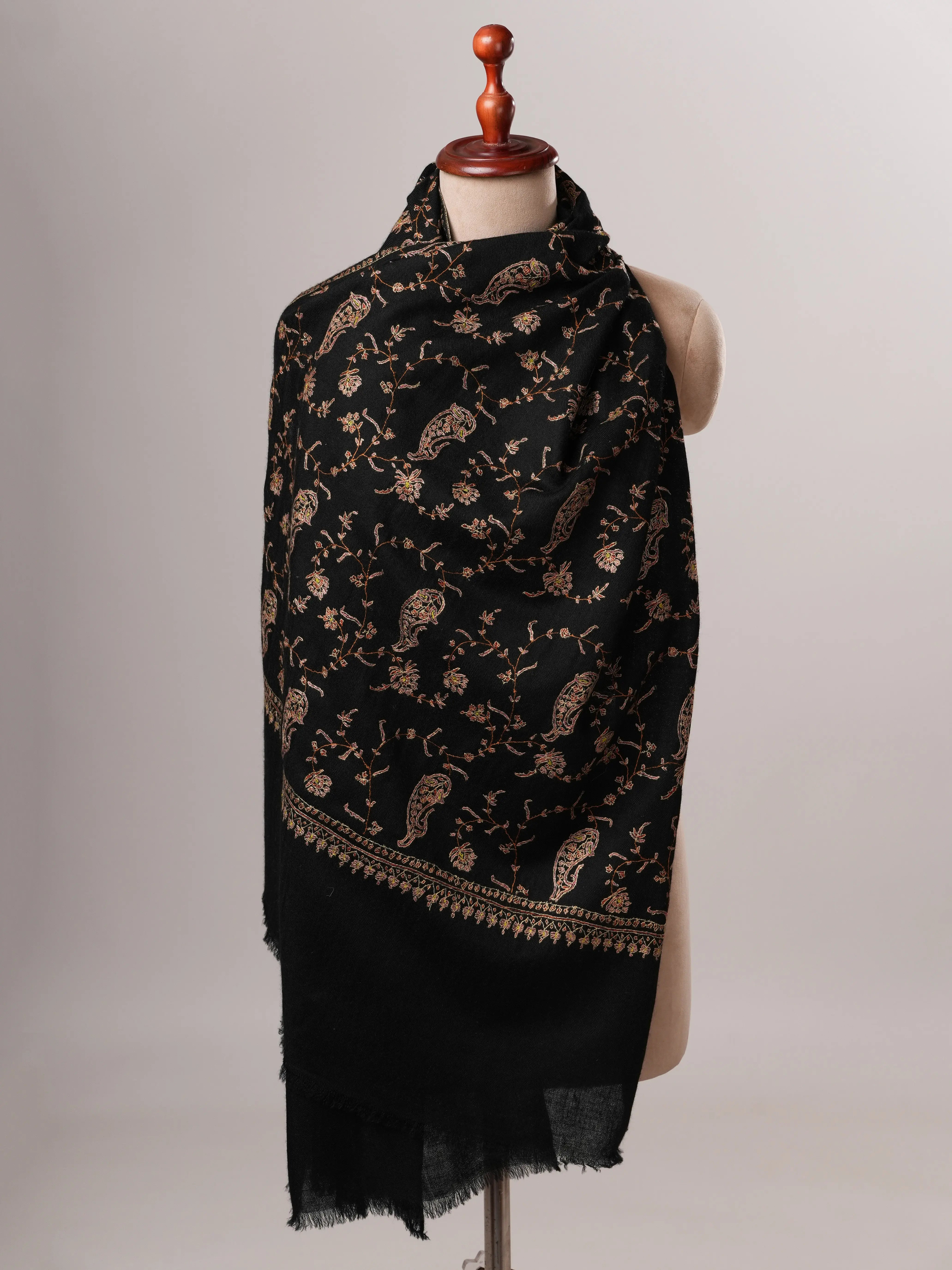 Luxurious Black Cashmere Wrap with All Over Hand Embroidered Motifs Shahkaar