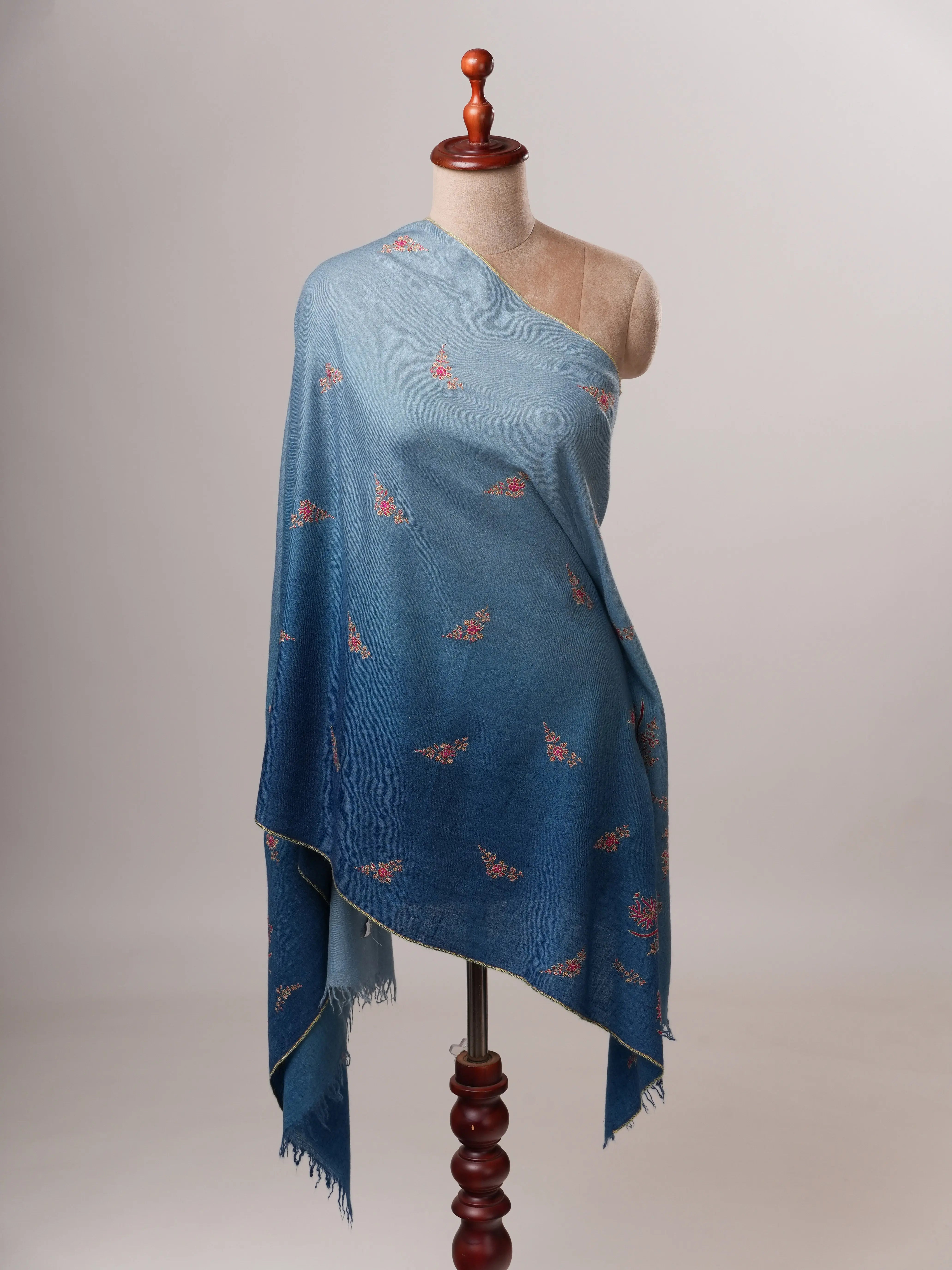 Luxurious Ombré Blue Cashmere Scarf with Palla and Buti Handwork Shahkaar