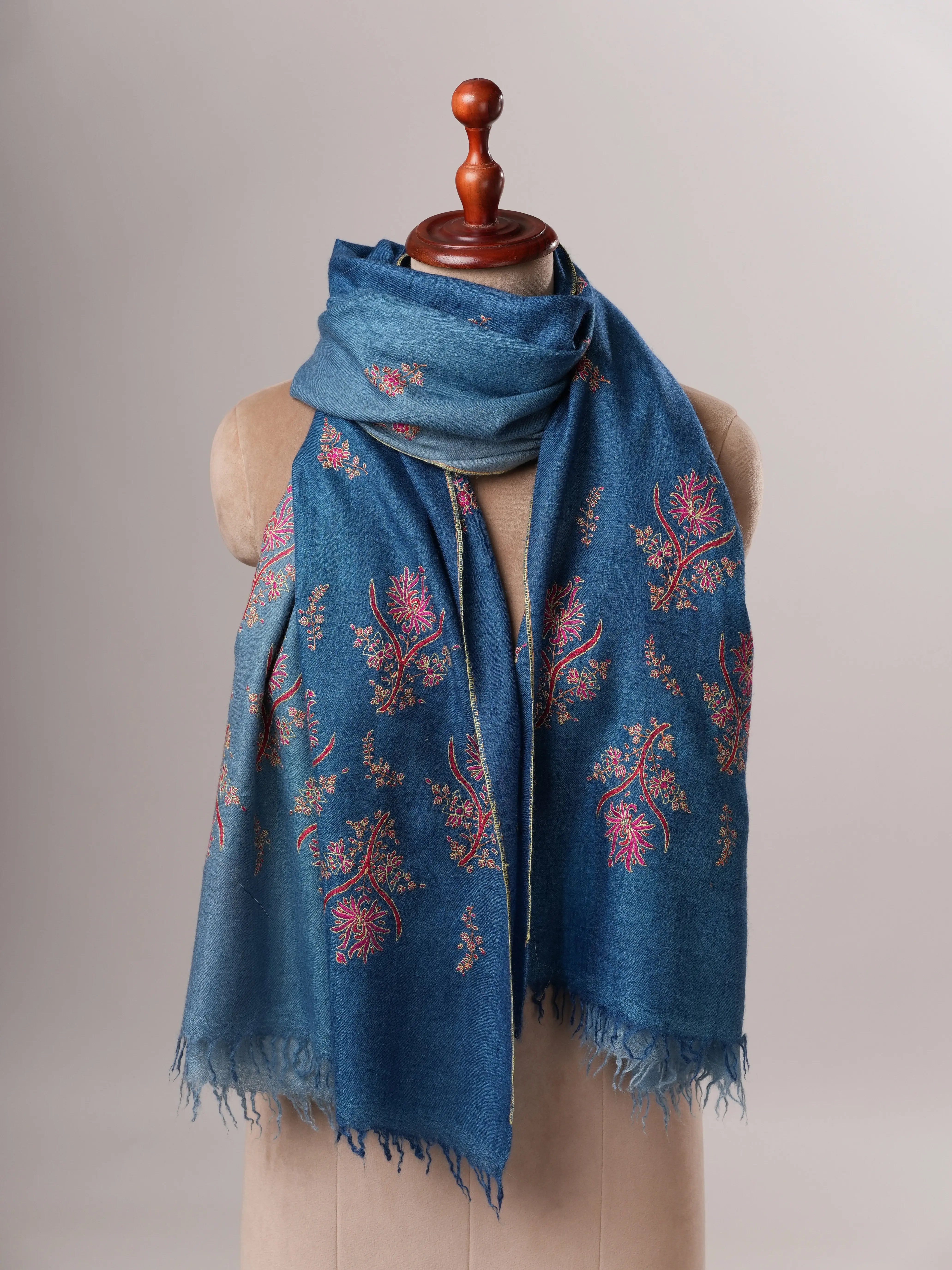 Luxurious Ombré Blue Cashmere Scarf with Palla and Buti Handwork Shahkaar