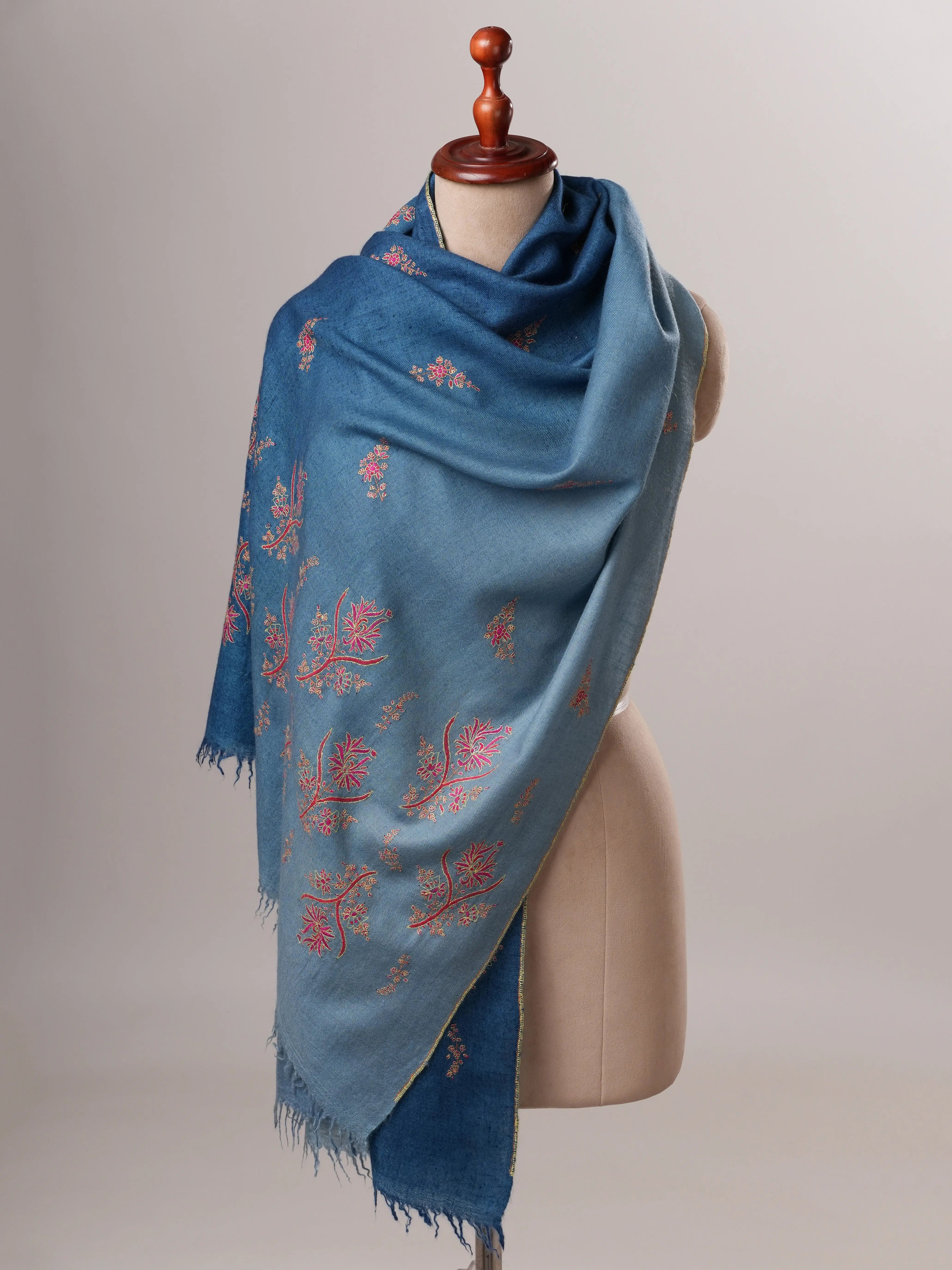 Luxurious Ombré Blue Cashmere Scarf with Palla and Buti Handwork Shahkaar