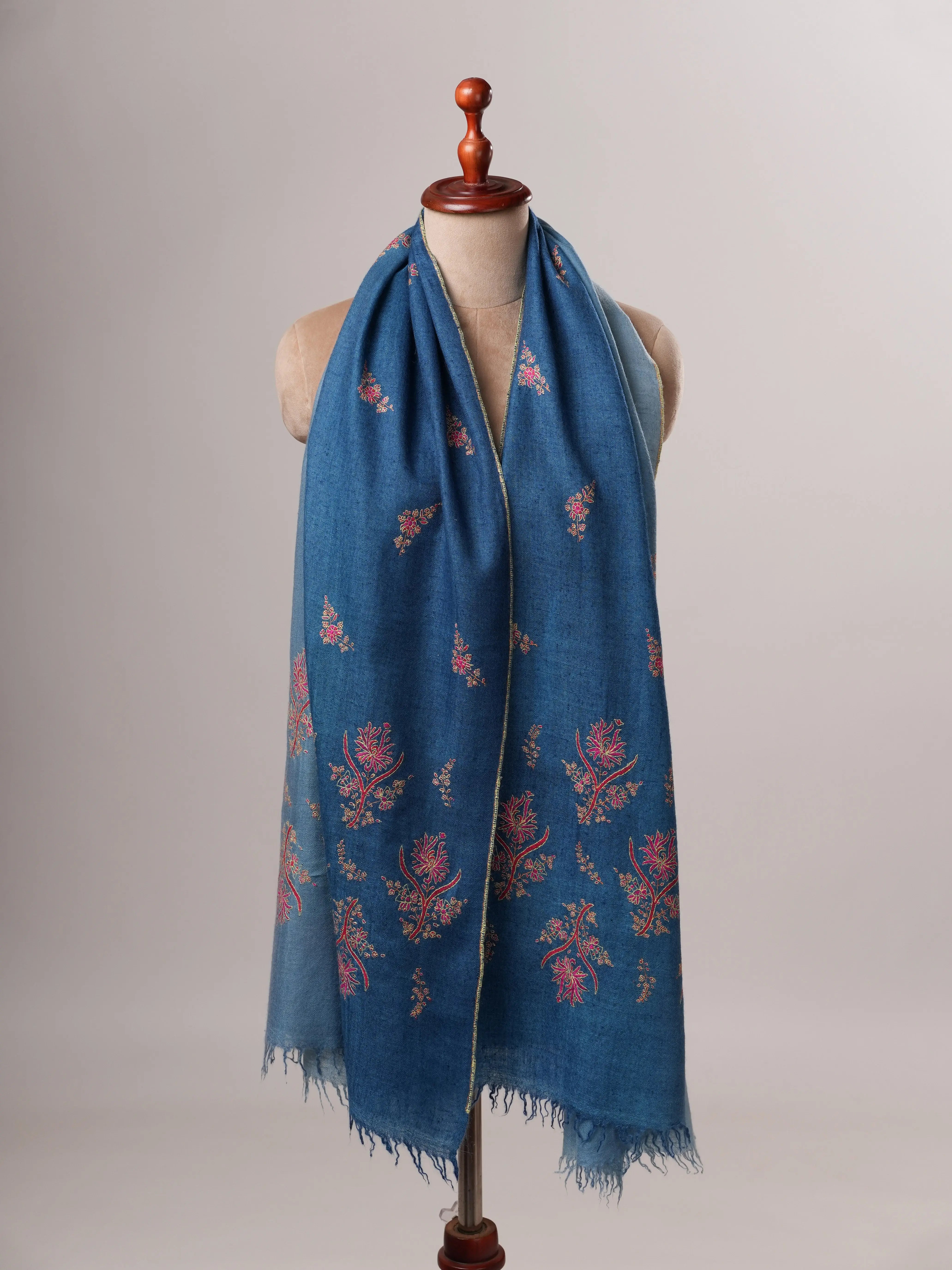 Luxurious Ombré Blue Cashmere Scarf with Palla and Buti Handwork Shahkaar