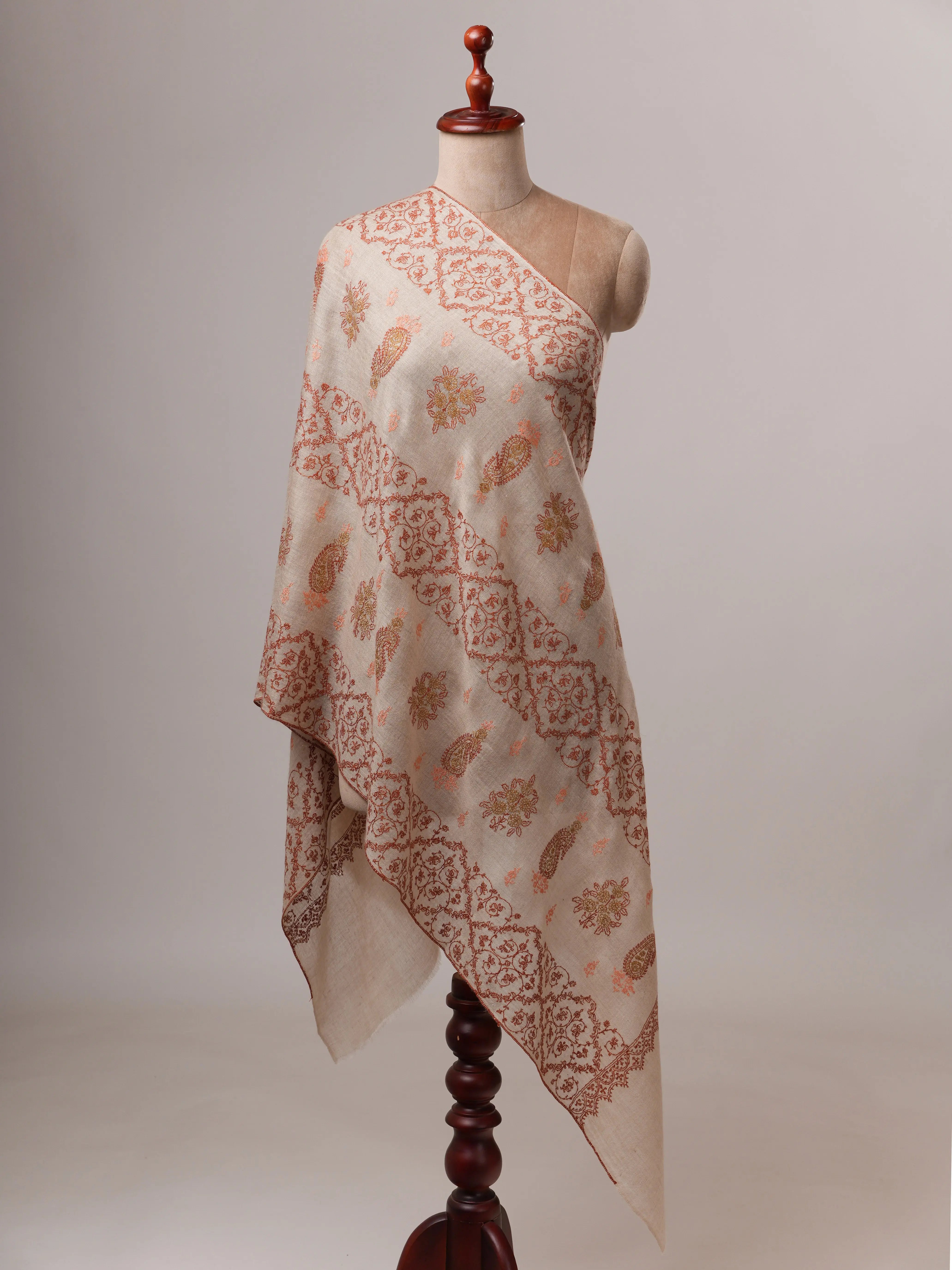 Luxurious Soft Off White Cashmere Wrap with All Over Embroidery Shahkaar