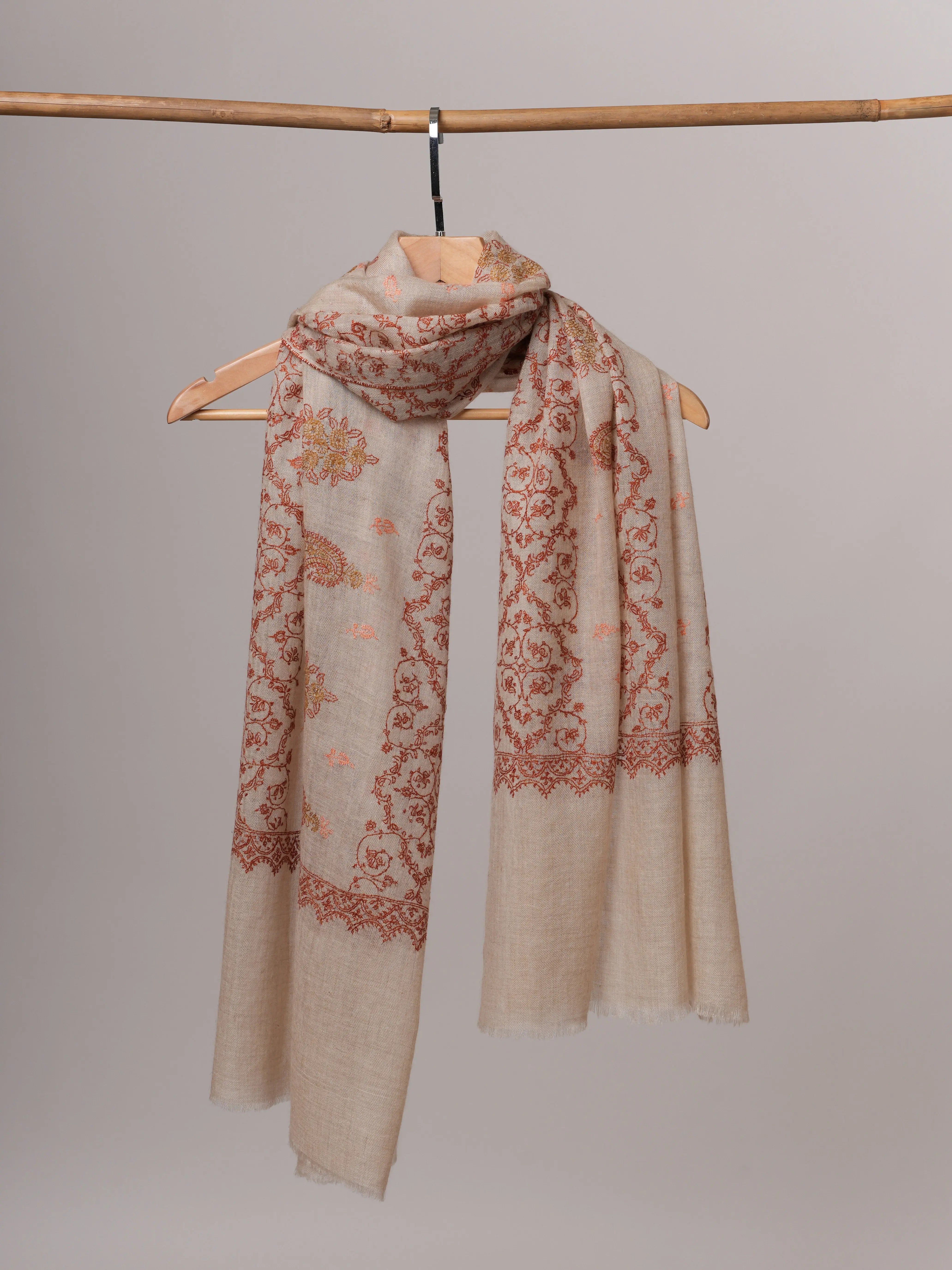 Luxurious Soft Off White Cashmere Wrap with All Over Embroidery Shahkaar