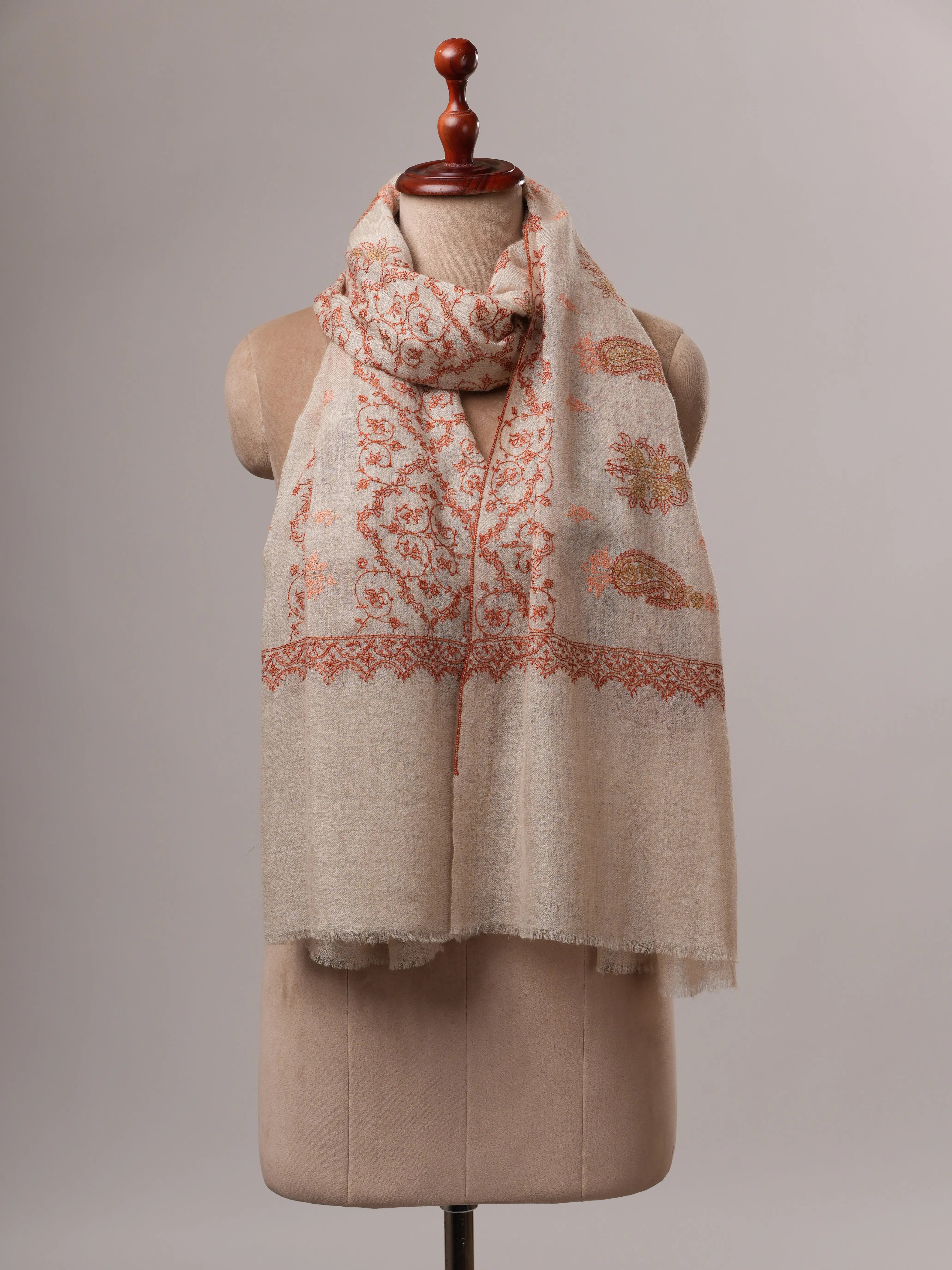 Luxurious Soft Off White Cashmere Wrap with All Over Embroidery Shahkaar