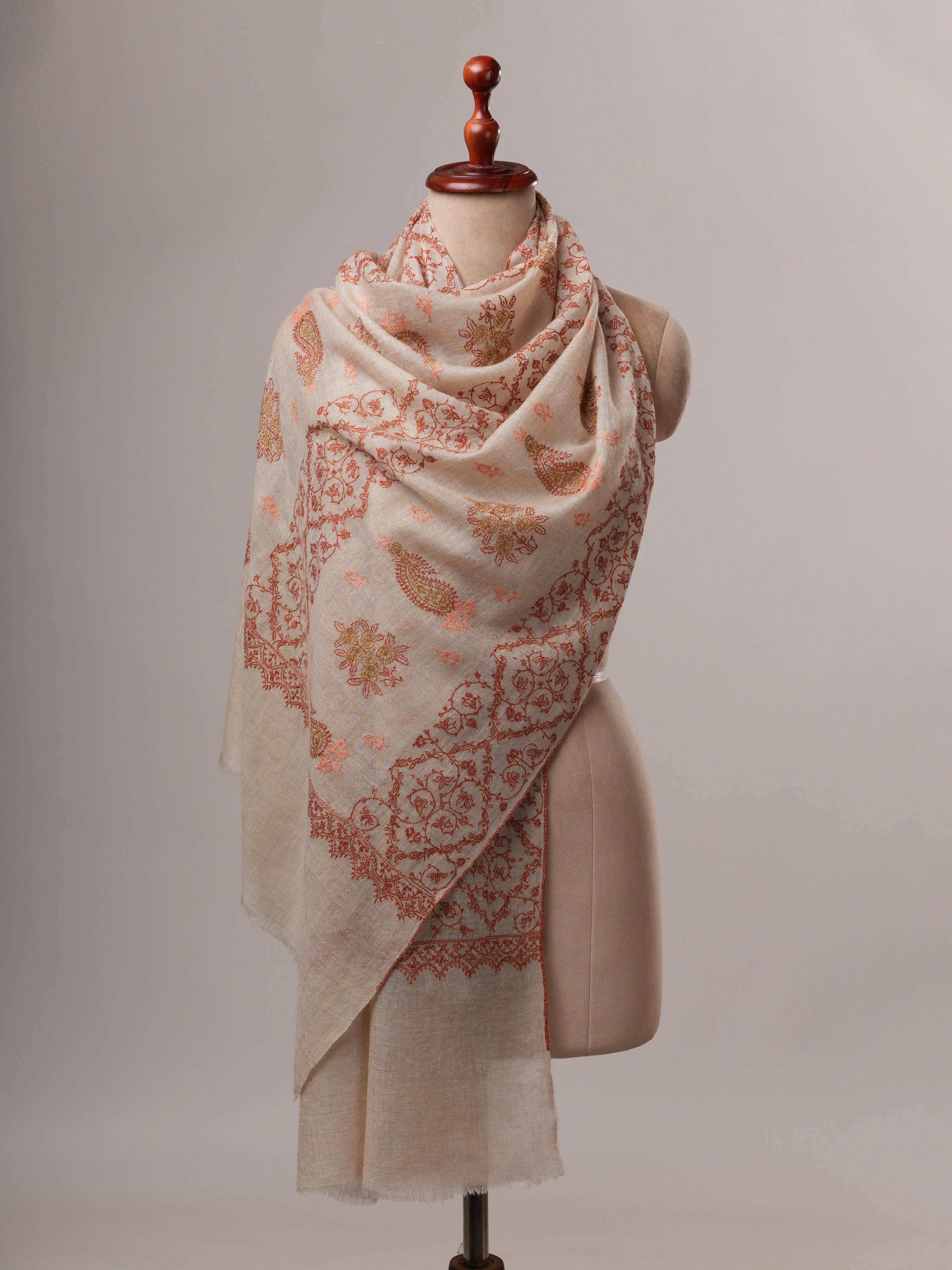 Luxurious Soft Off White Cashmere Wrap with All Over Embroidery Shahkaar