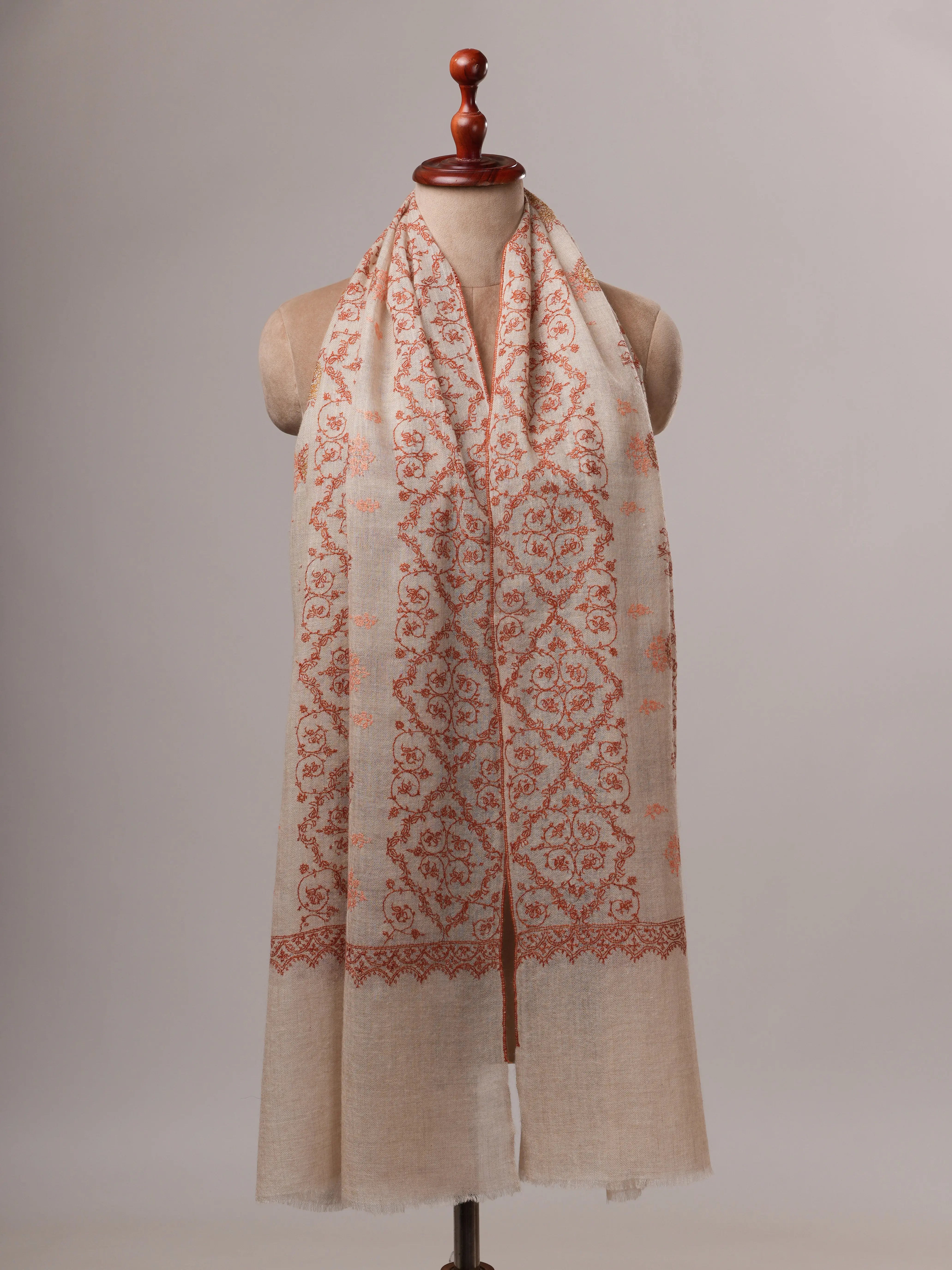 Luxurious Soft Off White Cashmere Wrap with All Over Embroidery Shahkaar