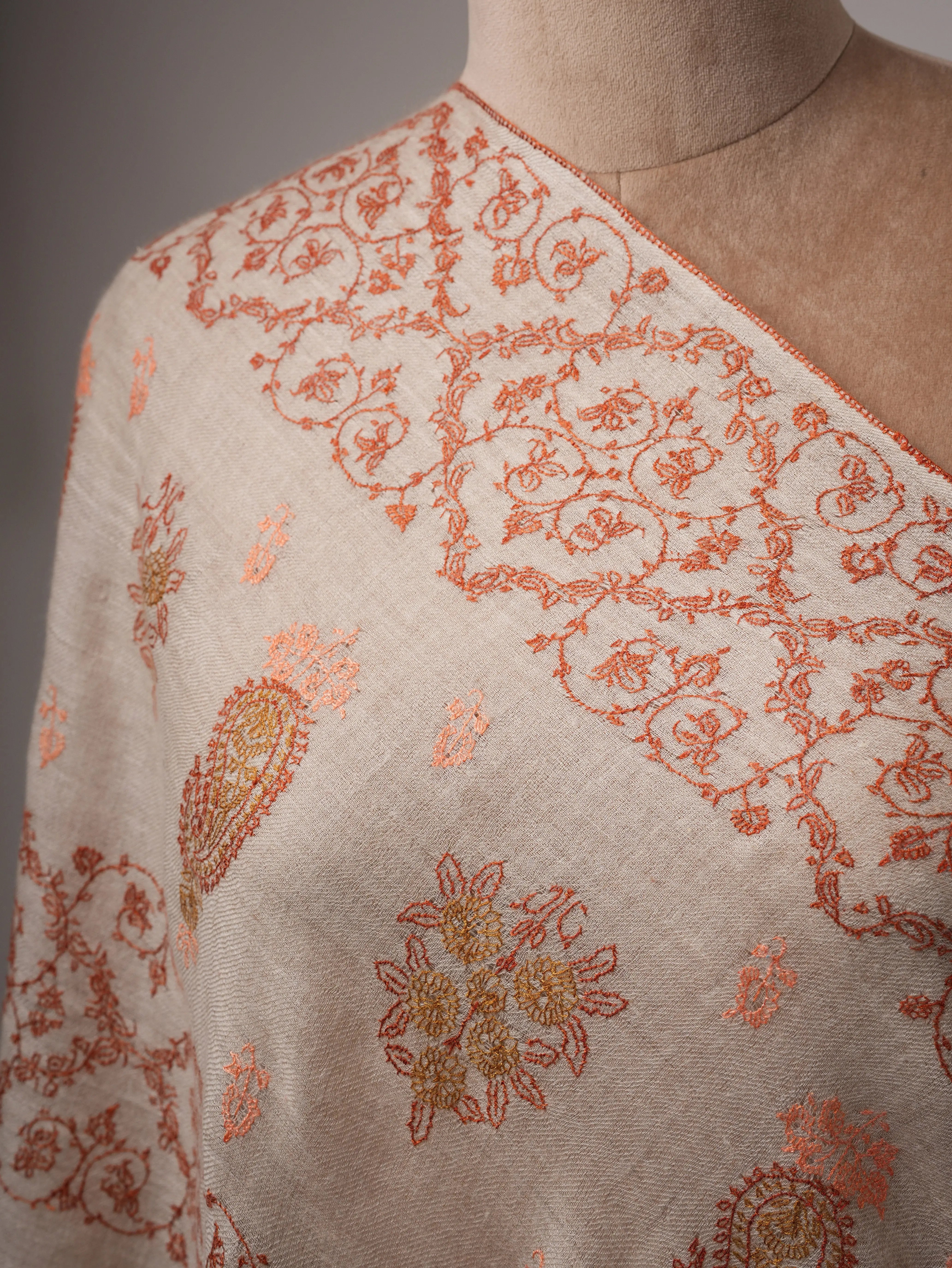 Luxurious Soft Off White Cashmere Wrap with All Over Embroidery Shahkaar