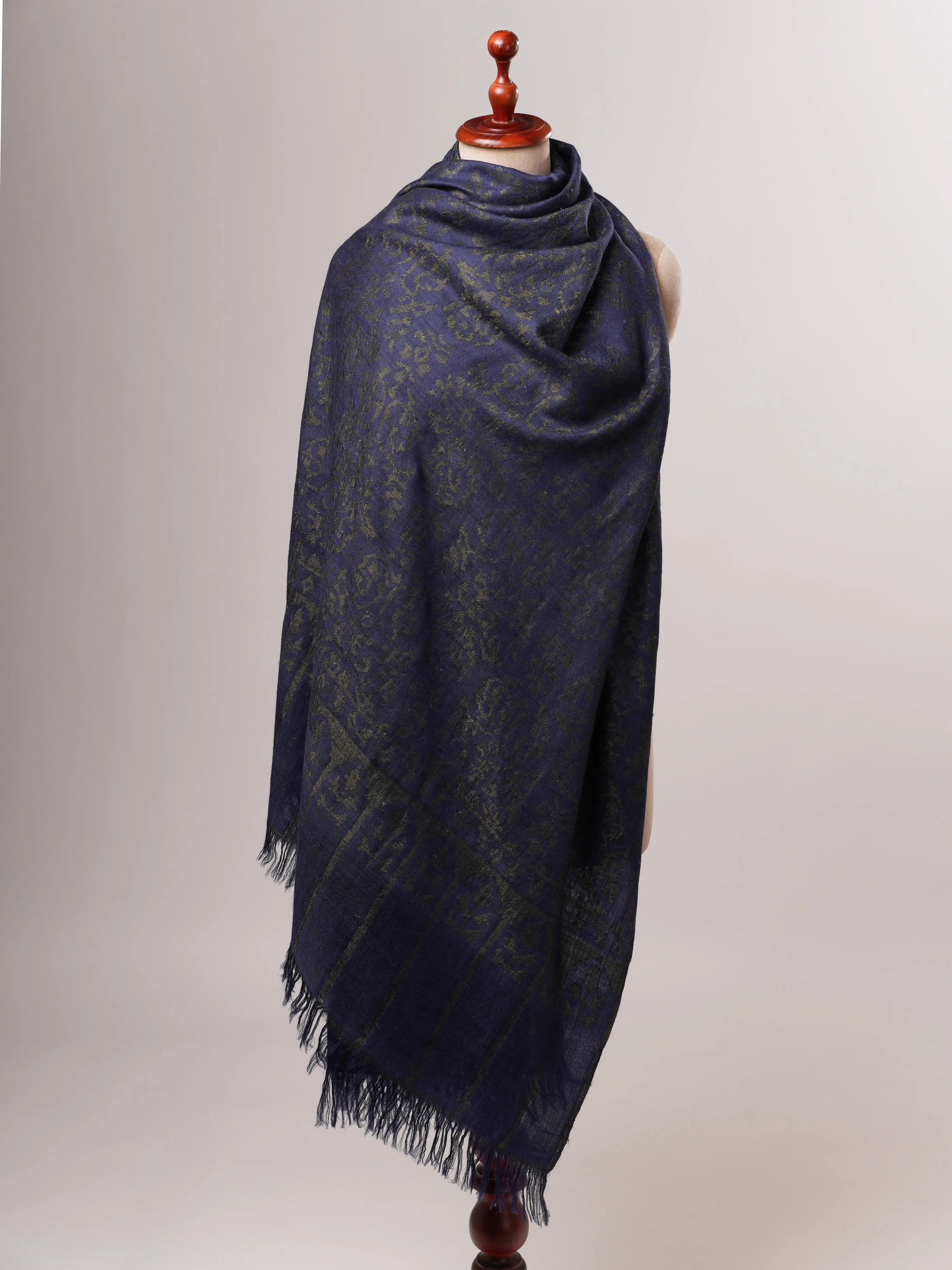 Luxury Blue Pashmina Kani Wrap with Handcrafted Gold Zari Motifs Shahkaar