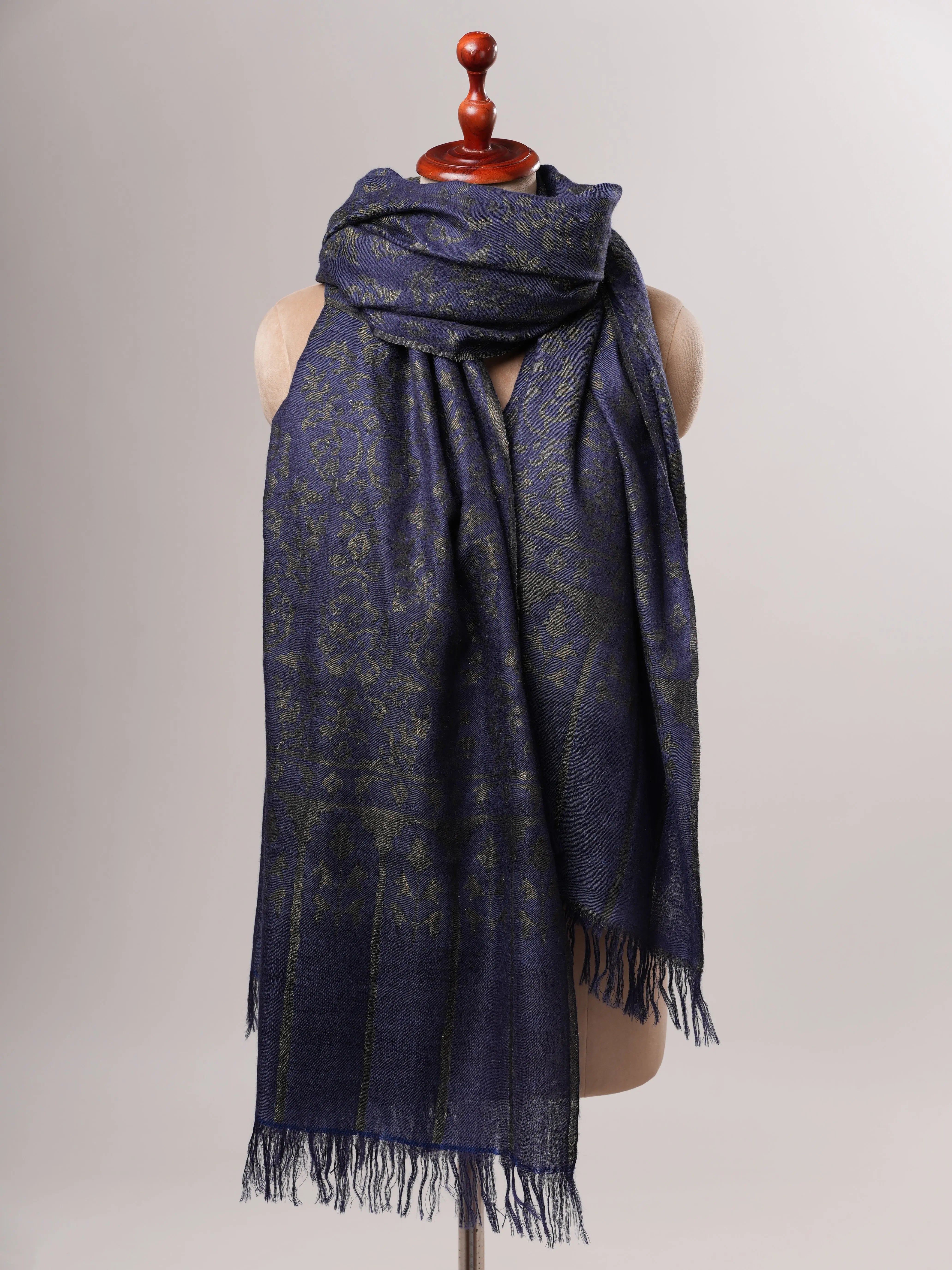 Luxury Blue Pashmina Kani Wrap with Handcrafted Gold Zari Motifs Shahkaar
