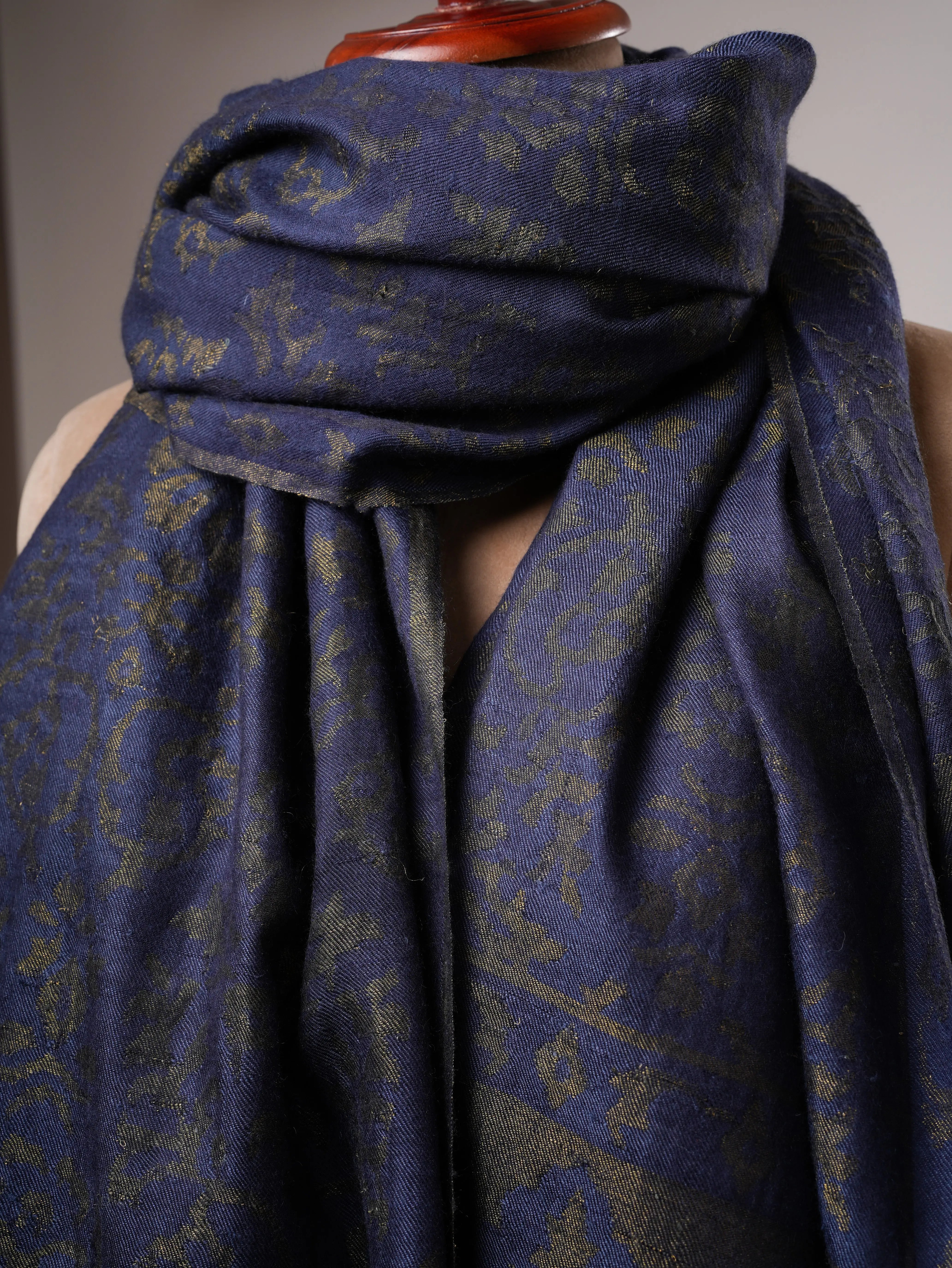 Luxury Blue Pashmina Kani Wrap with Handcrafted Gold Zari Motifs Shahkaar