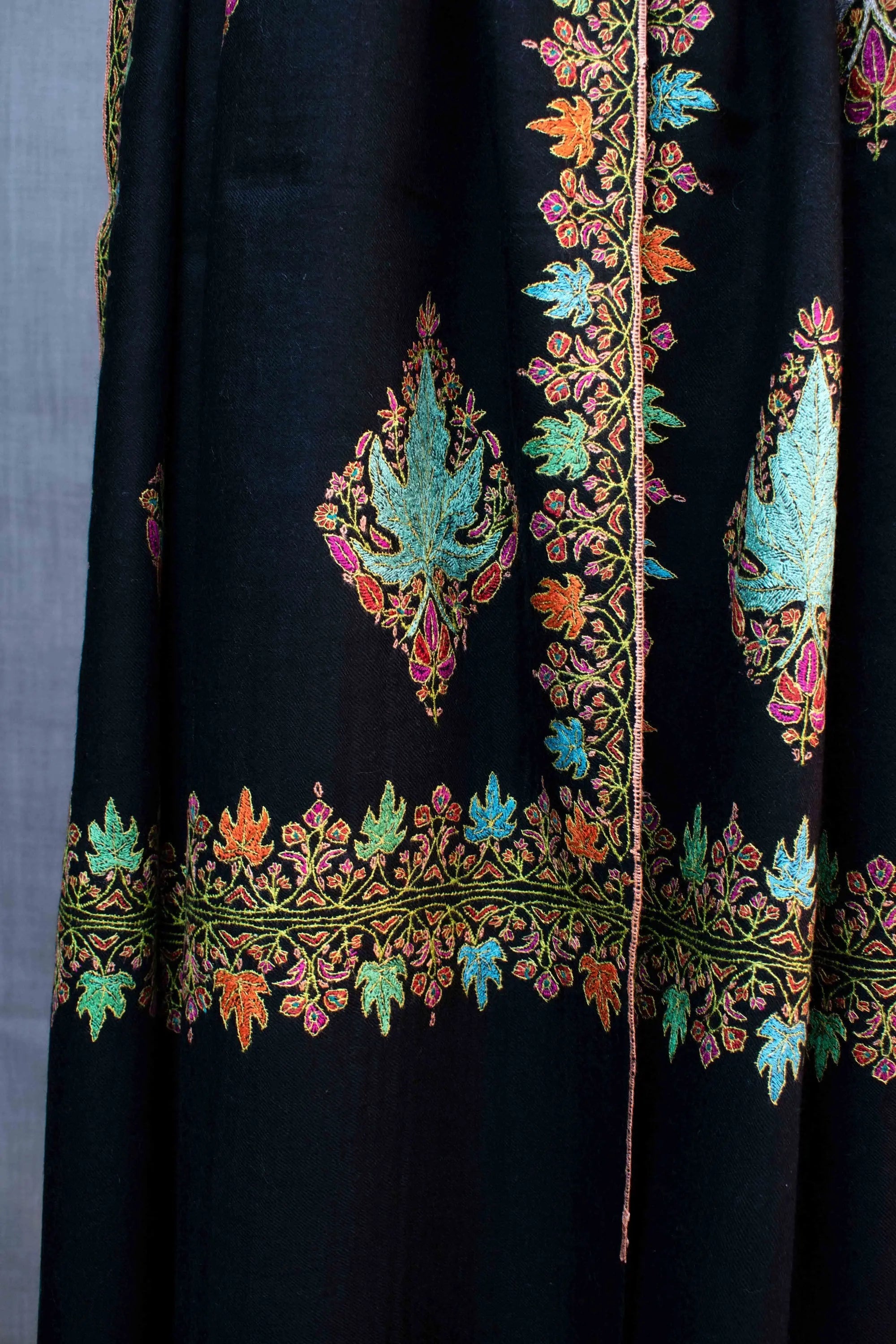 Maple Leaf Pure Pashmina Shawl, Paper Machie Hand Embroidery, Handwoven, Made in Kashmir Shahkaar