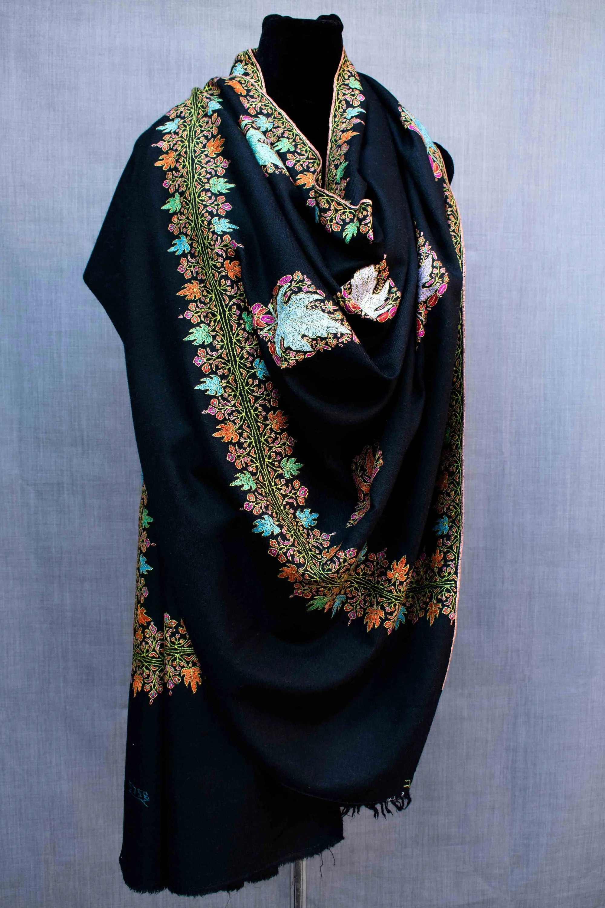 Maple Leaf Pure Pashmina Shawl, Paper Machie Hand Embroidery, Handwoven, Made in Kashmir Shahkaar