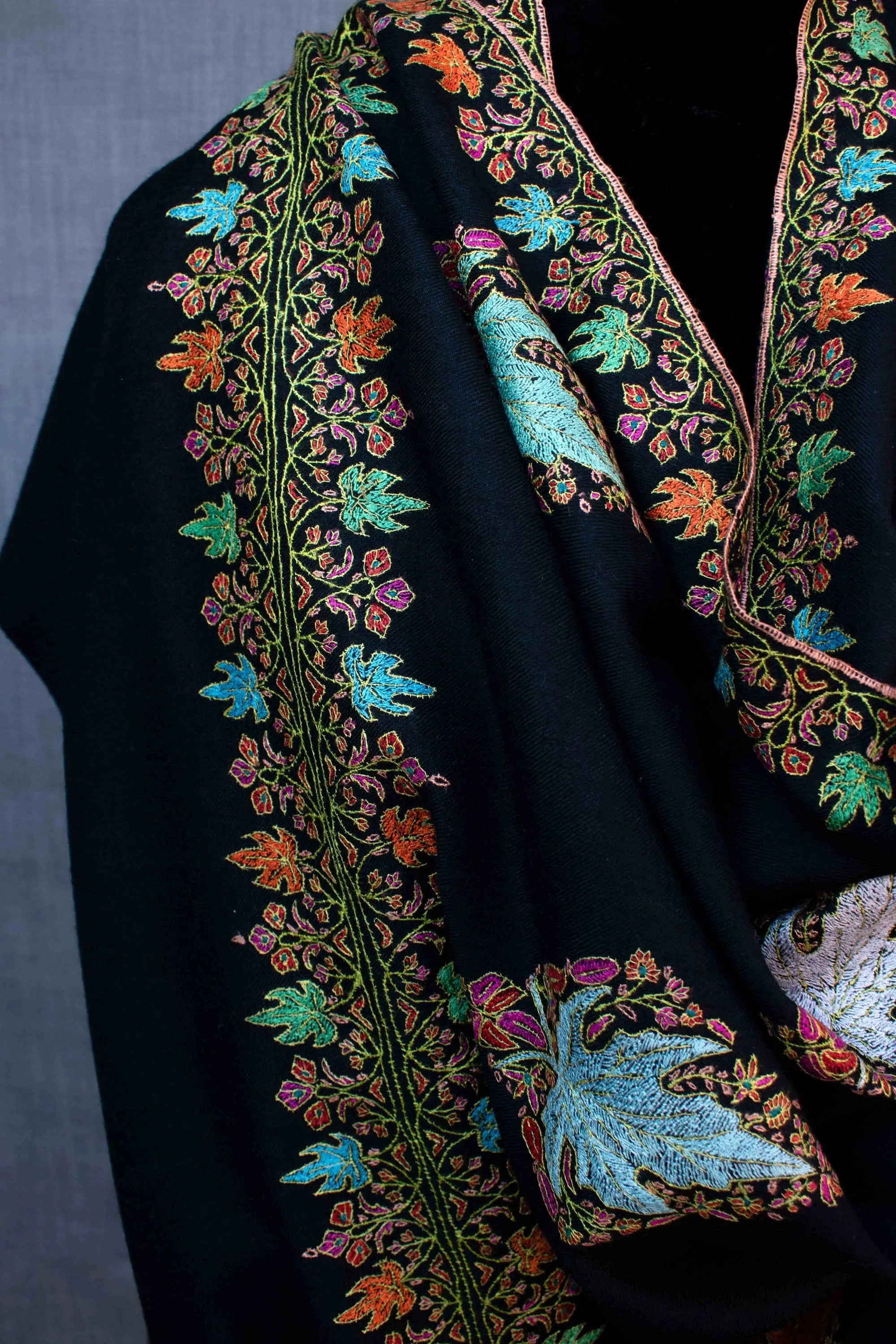 Maple Leaf Pure Pashmina Shawl, Paper Machie Hand Embroidery, Handwoven, Made in Kashmir Shahkaar