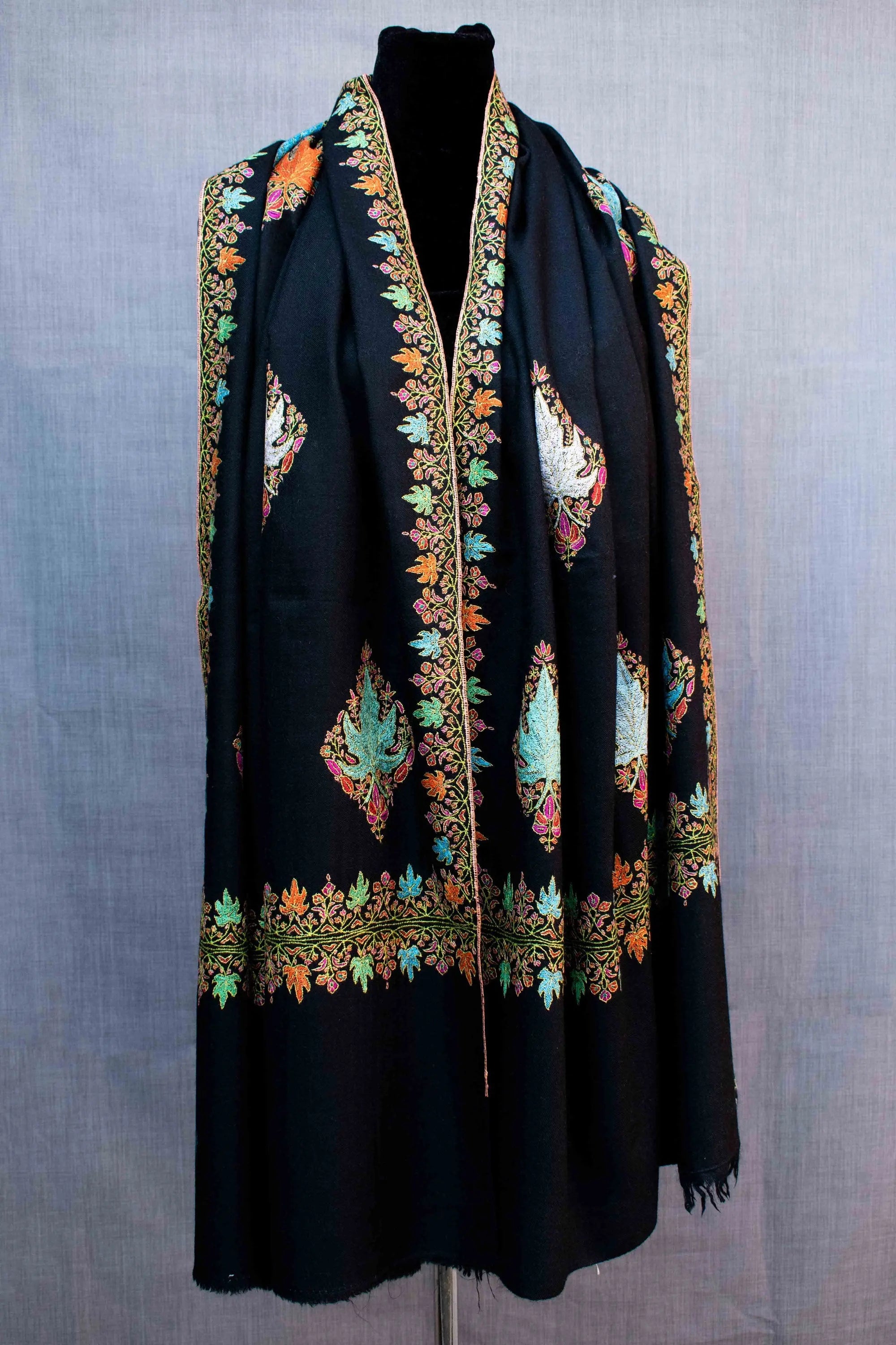 Maple Leaf Pure Pashmina Shawl, Paper Machie Hand Embroidery, Handwoven, Made in Kashmir Shahkaar