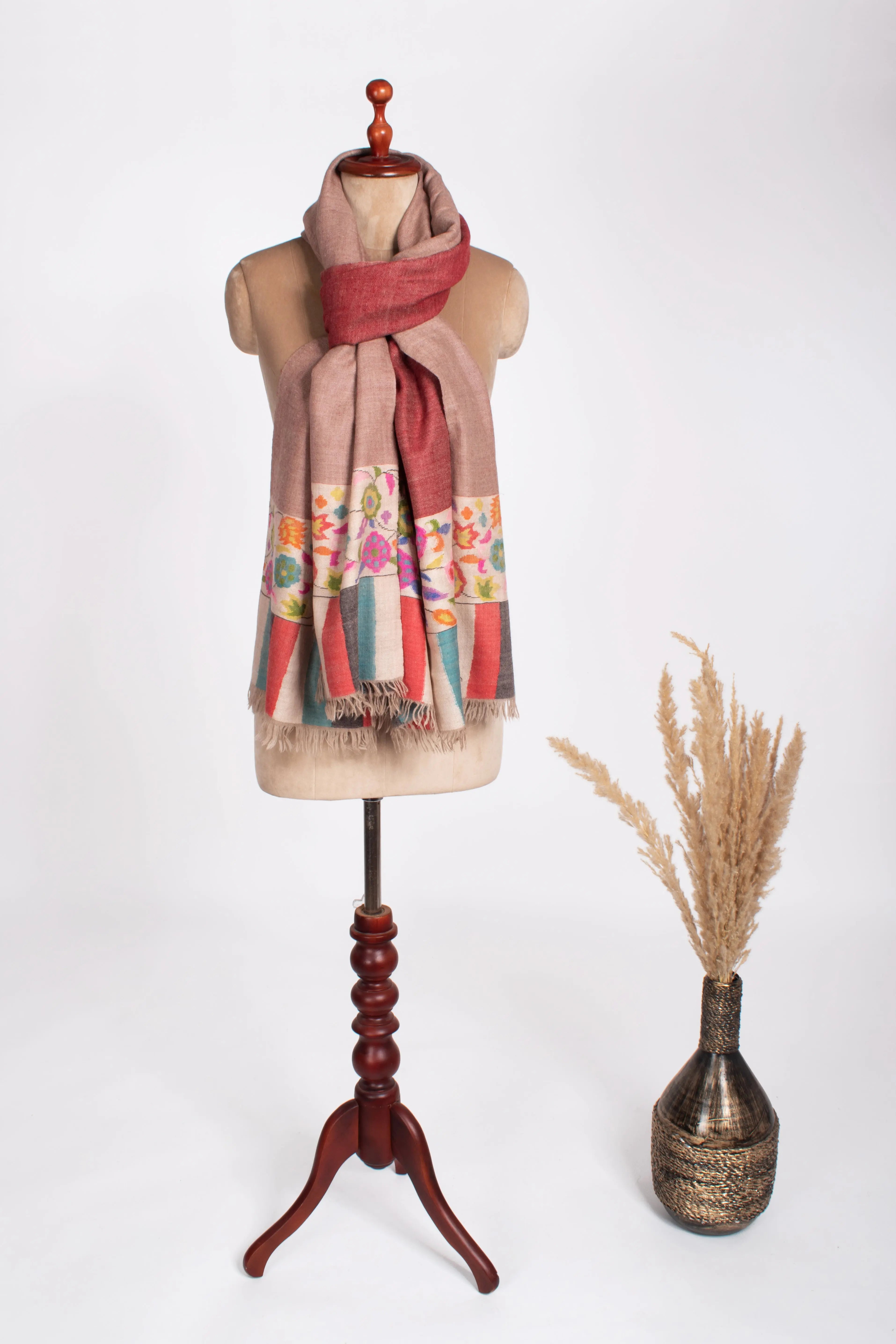 Maroon Beige Dorukha Kani Evening Pashmina Shawl Shahkaar