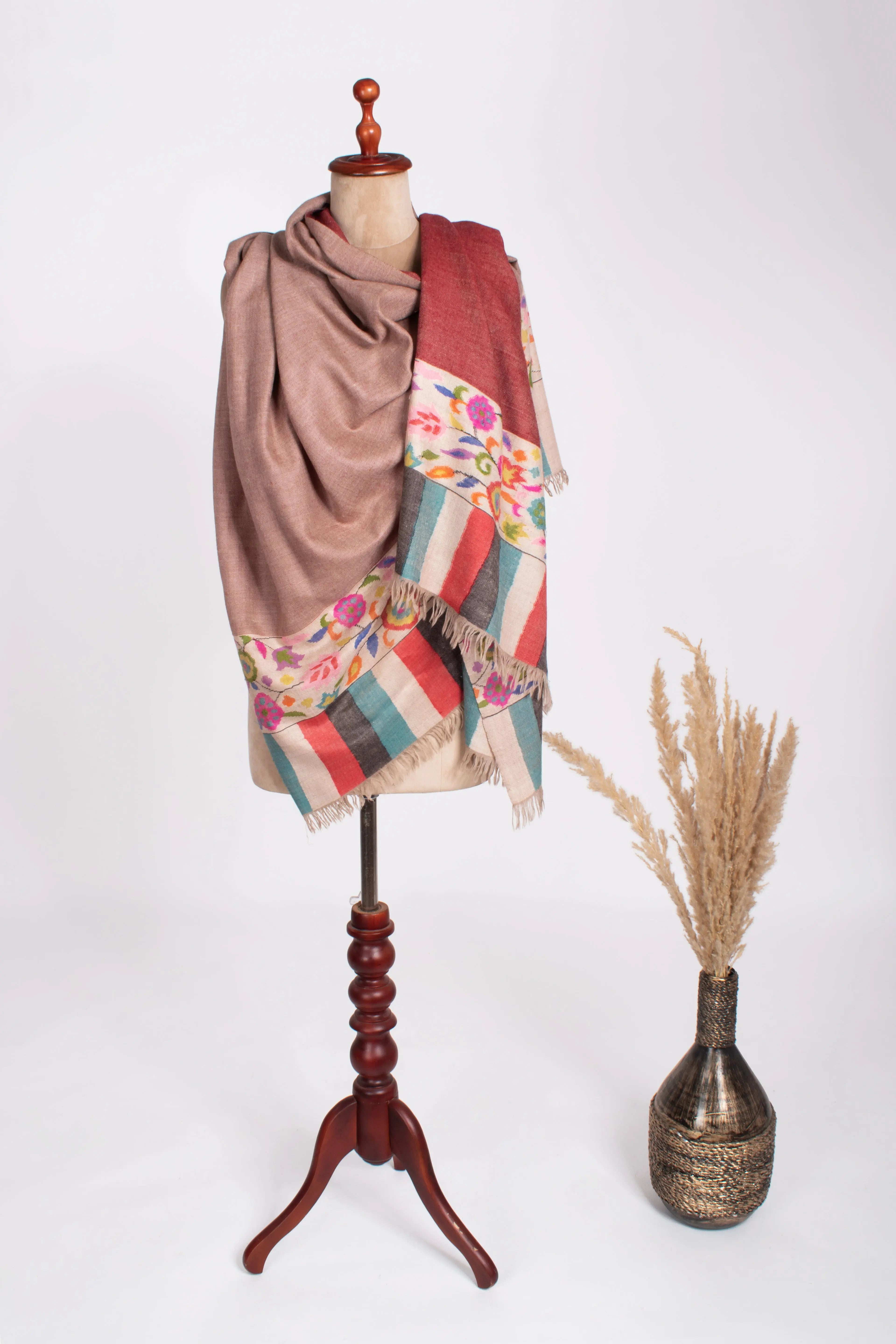 Maroon Beige Dorukha Kani Evening Pashmina Shawl Shahkaar