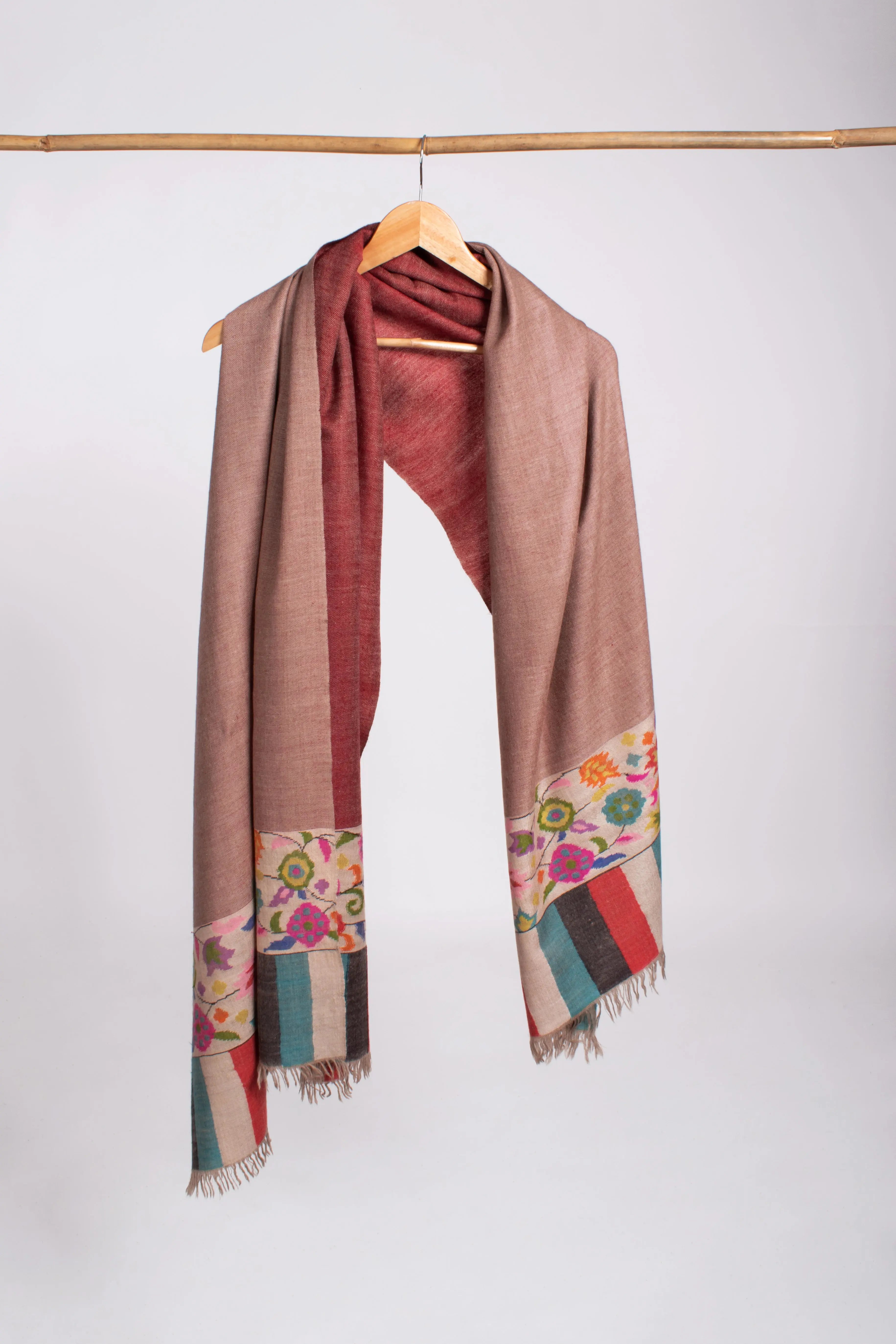 Maroon Beige Dorukha Kani Evening Pashmina Shawl Shahkaar