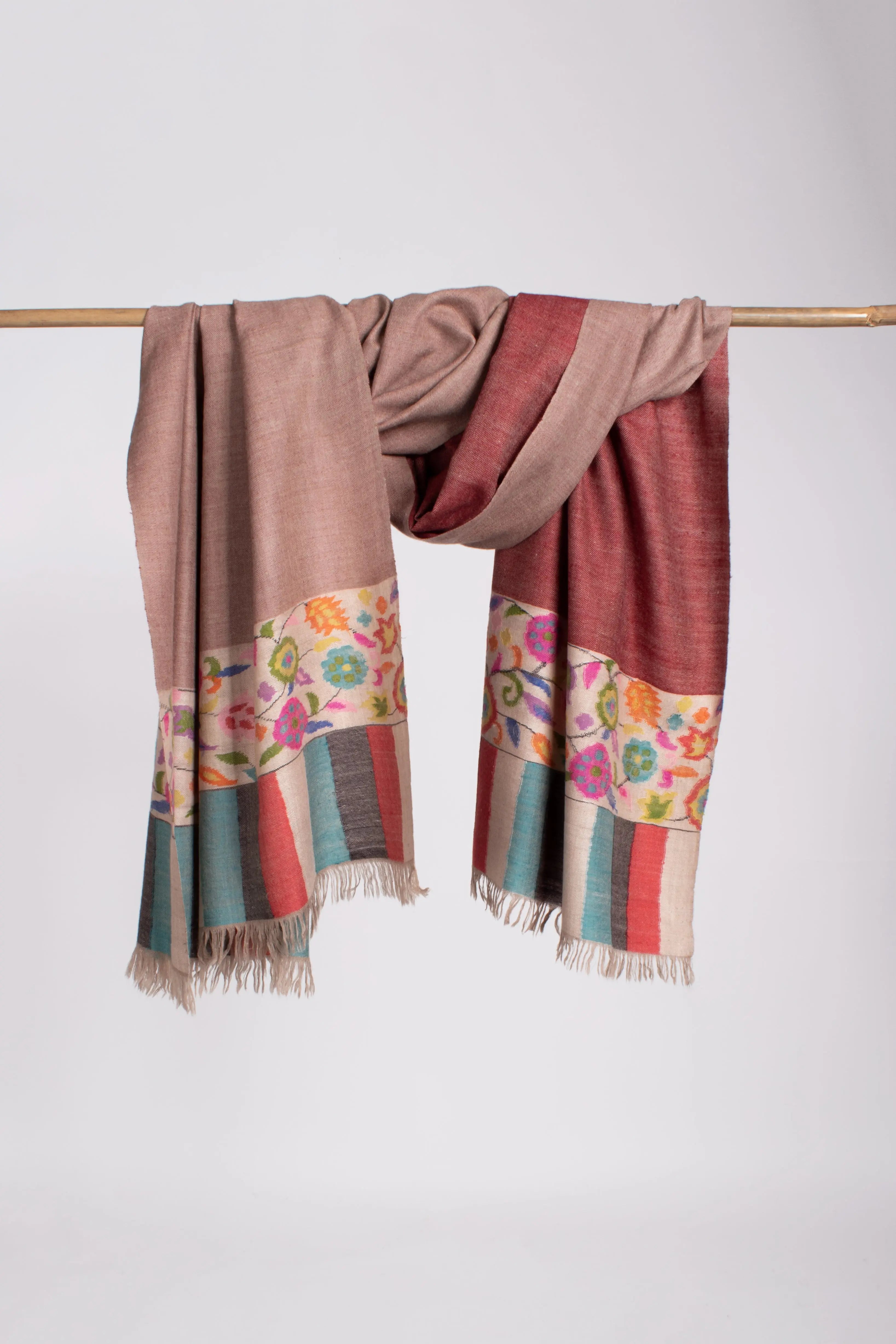Maroon Beige Dorukha Kani Evening Pashmina Shawl Shahkaar