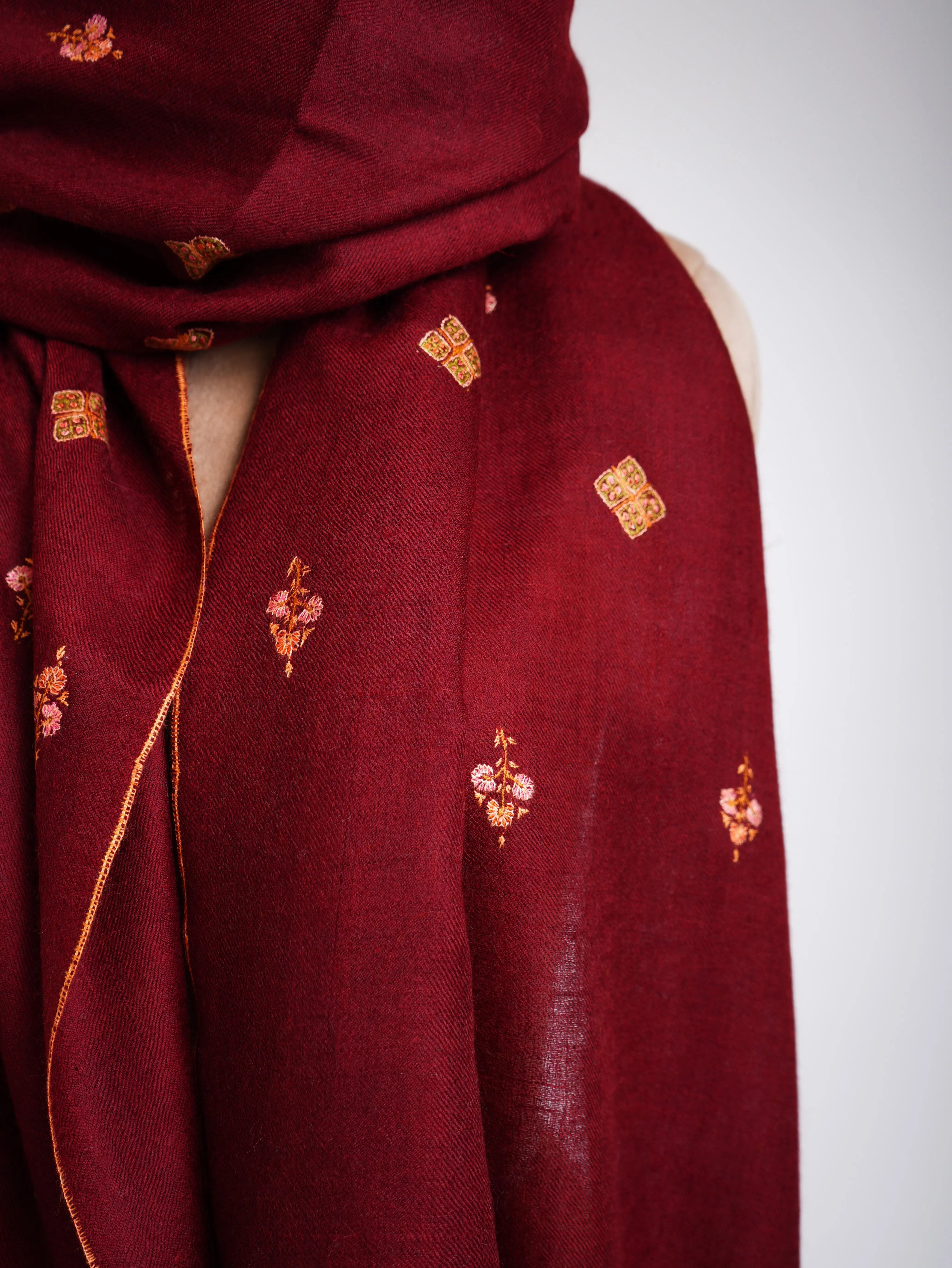 Maroon Embroidered Cashmere wrap scarf Shahkaar