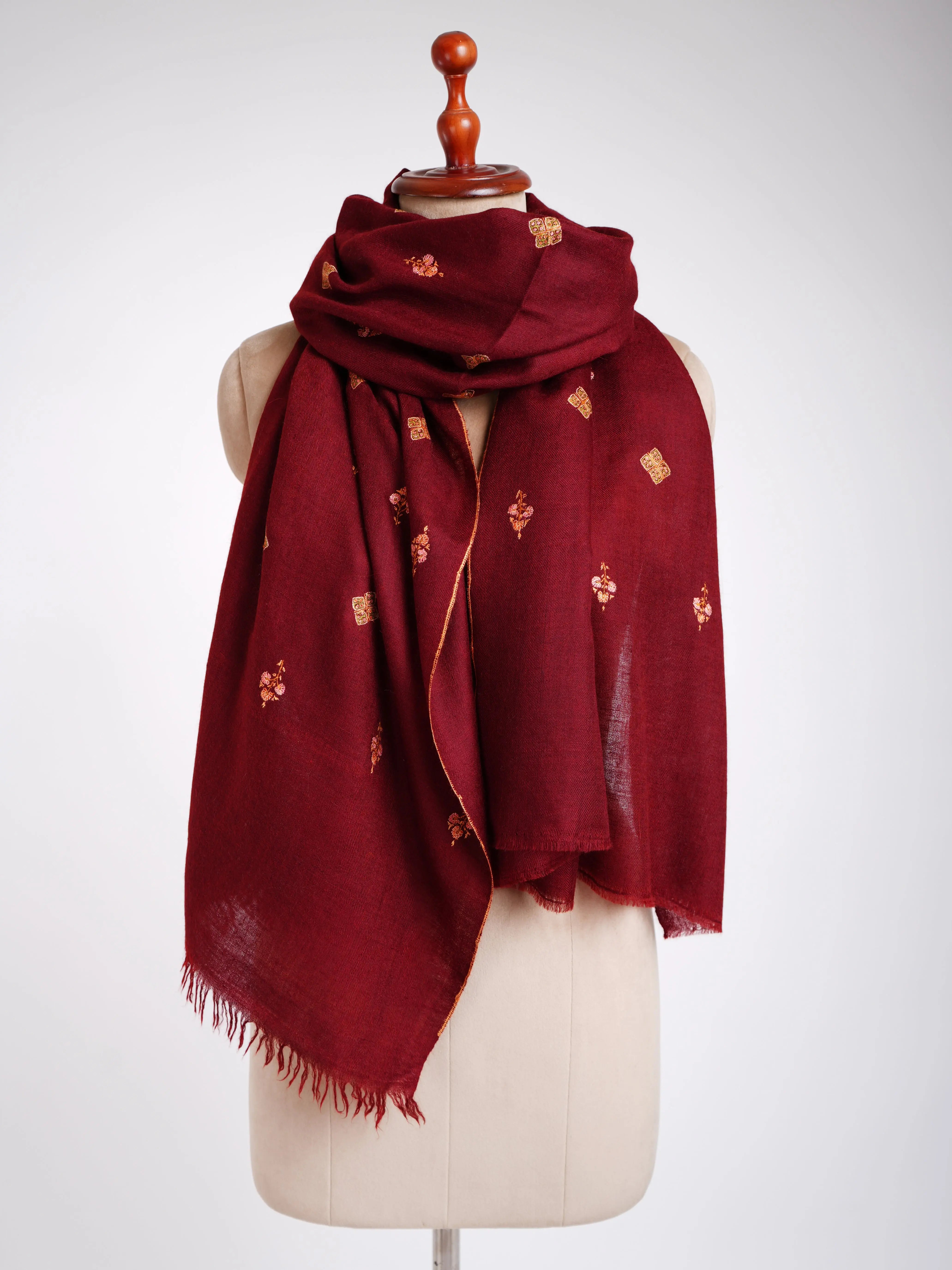 Maroon Embroidered Cashmere wrap scarf Shahkaar
