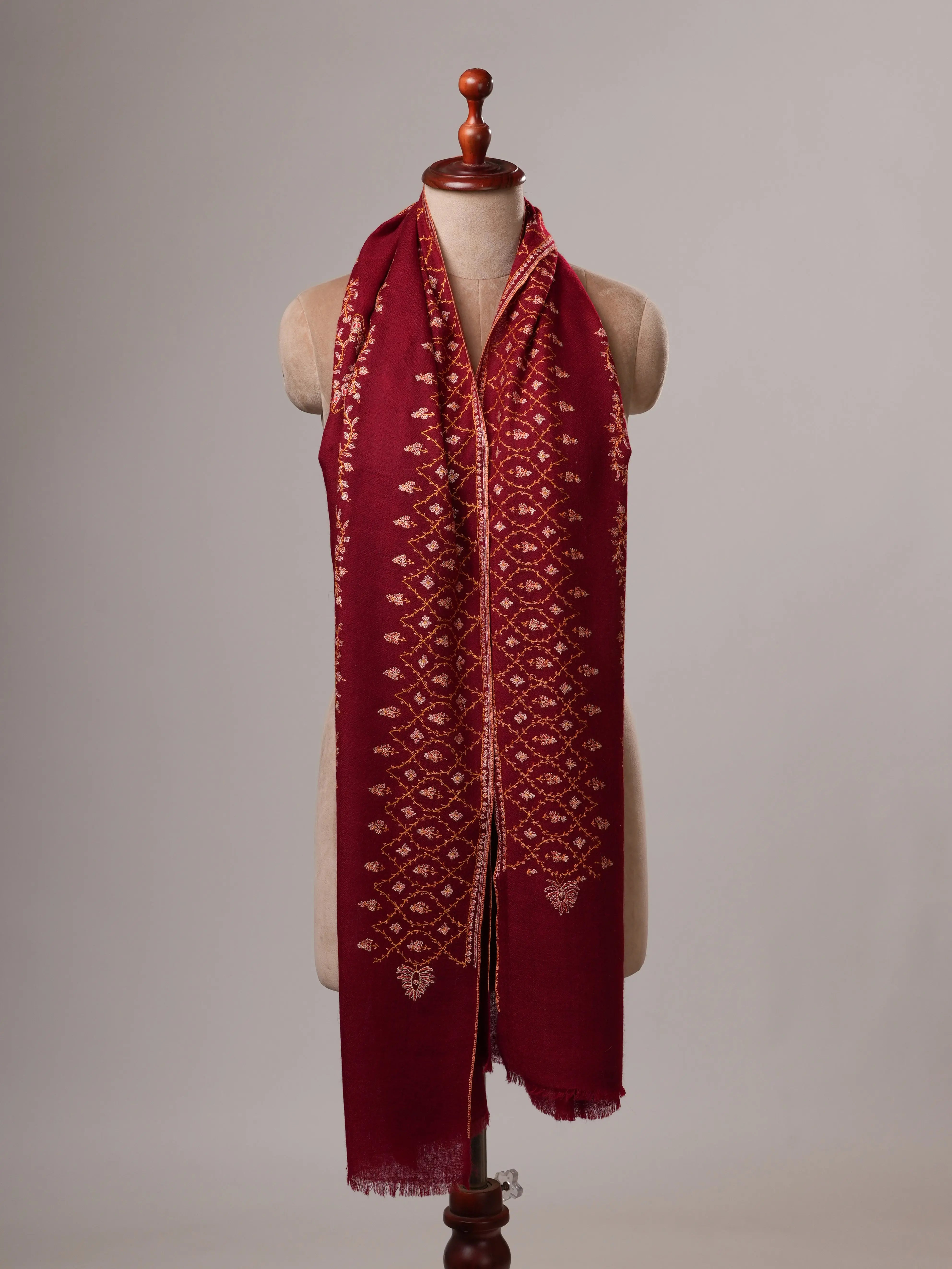 Maroon Hand Embroidered Cashmere Scarf with Fine Needlework Shahkaar