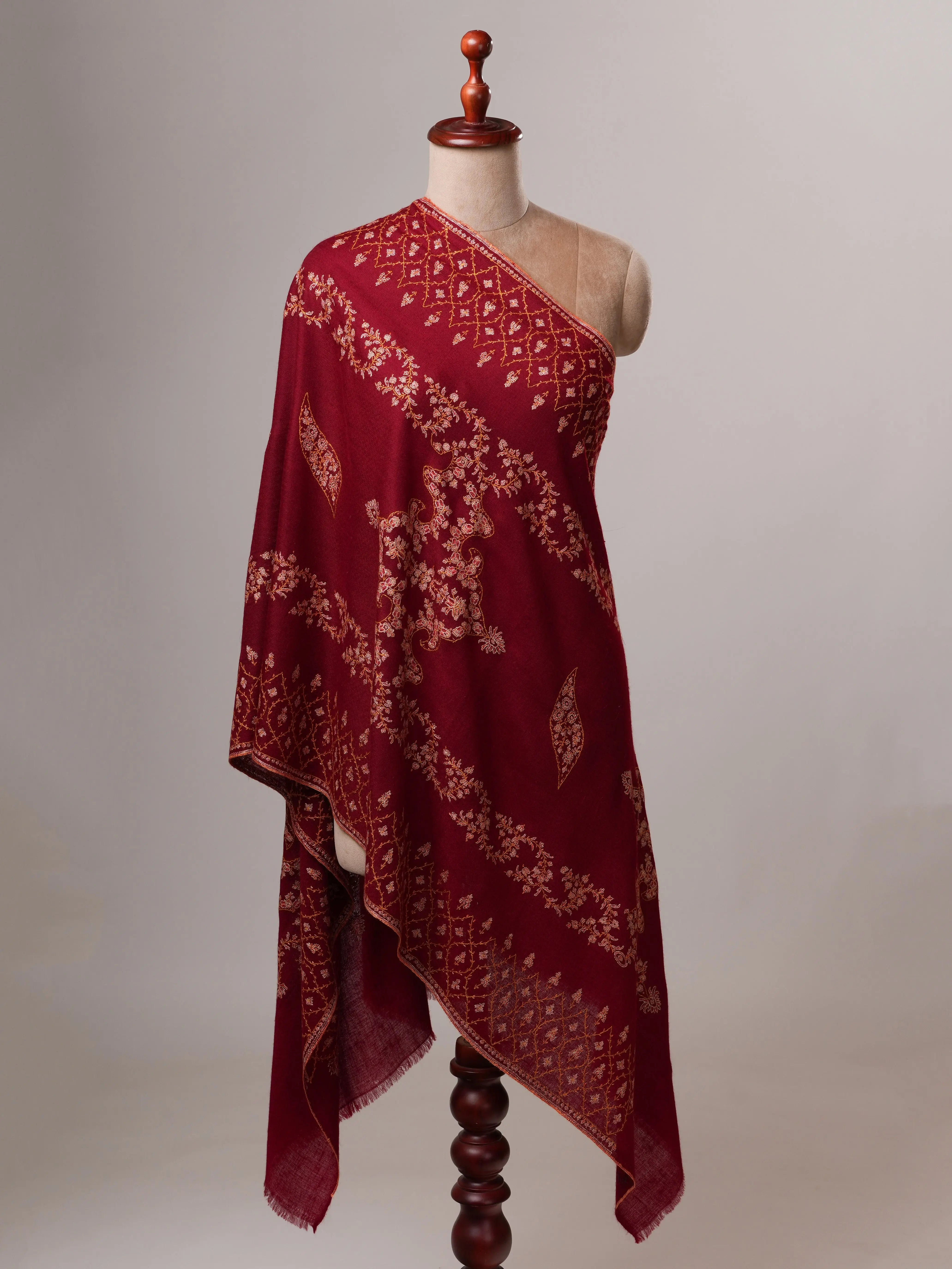 Maroon Hand Embroidered Cashmere Scarf with Fine Needlework Shahkaar
