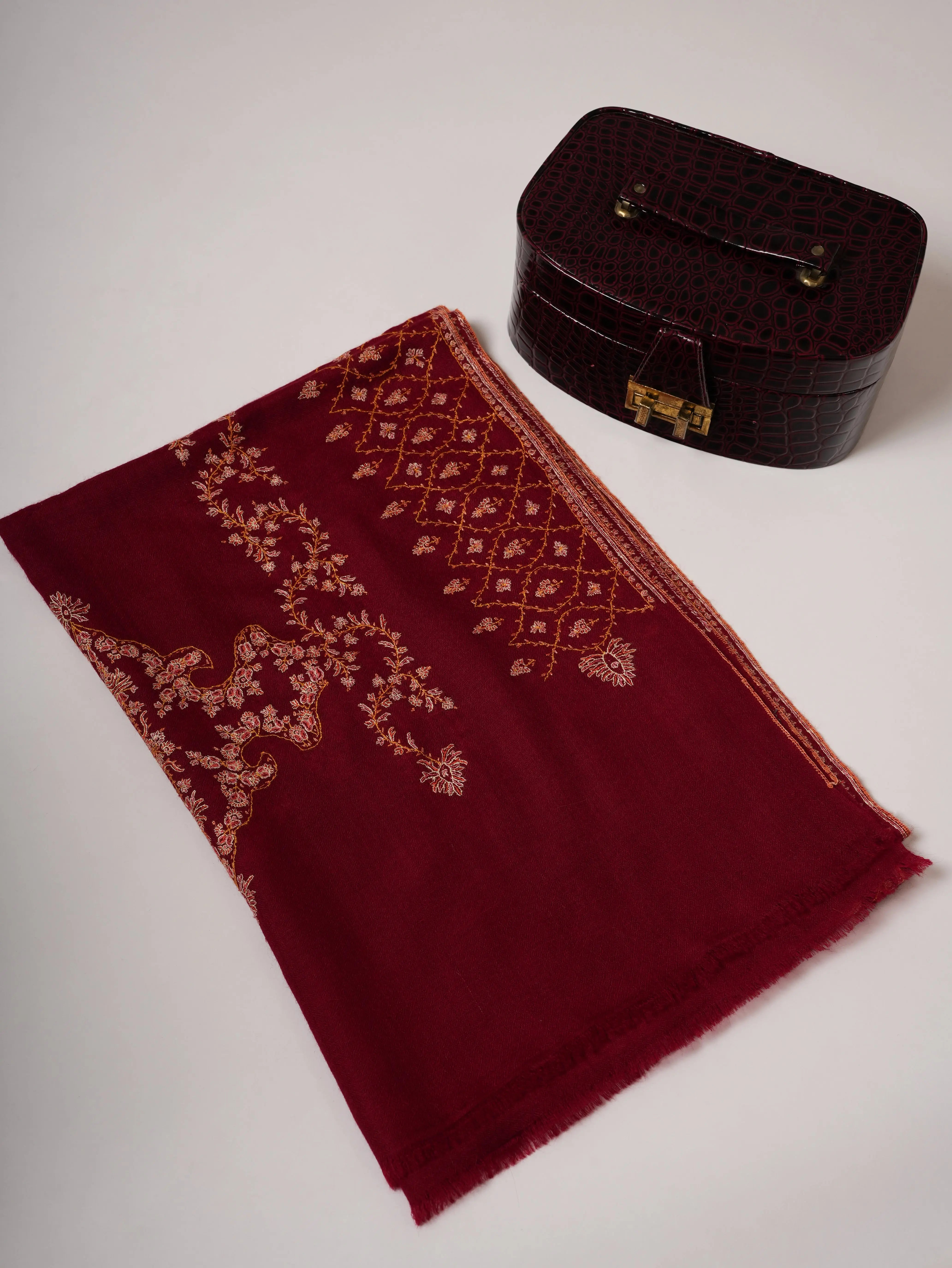 Maroon Hand Embroidered Cashmere Scarf with Fine Needlework Shahkaar