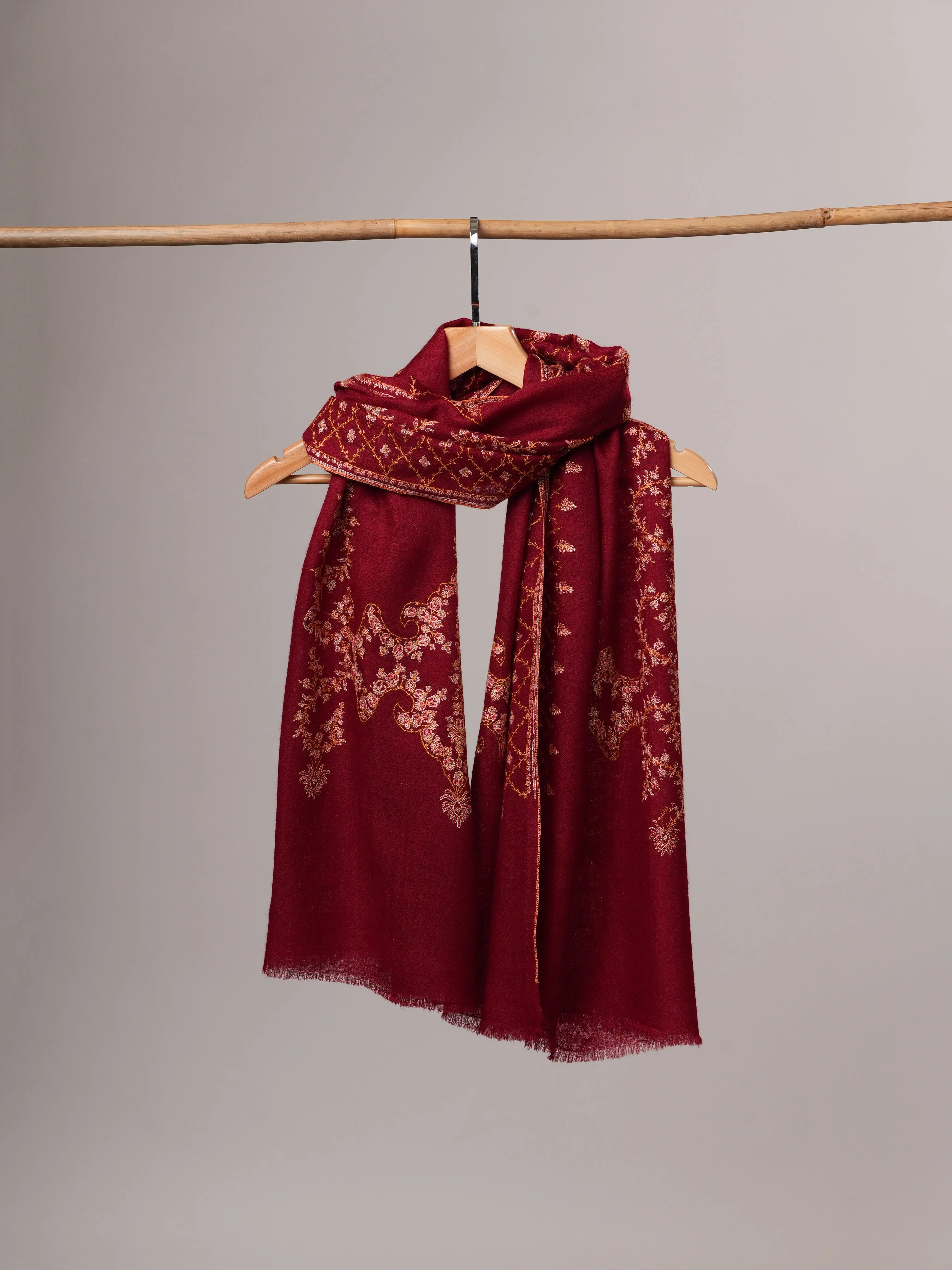 Maroon Hand Embroidered Cashmere Scarf with Fine Needlework Shahkaar