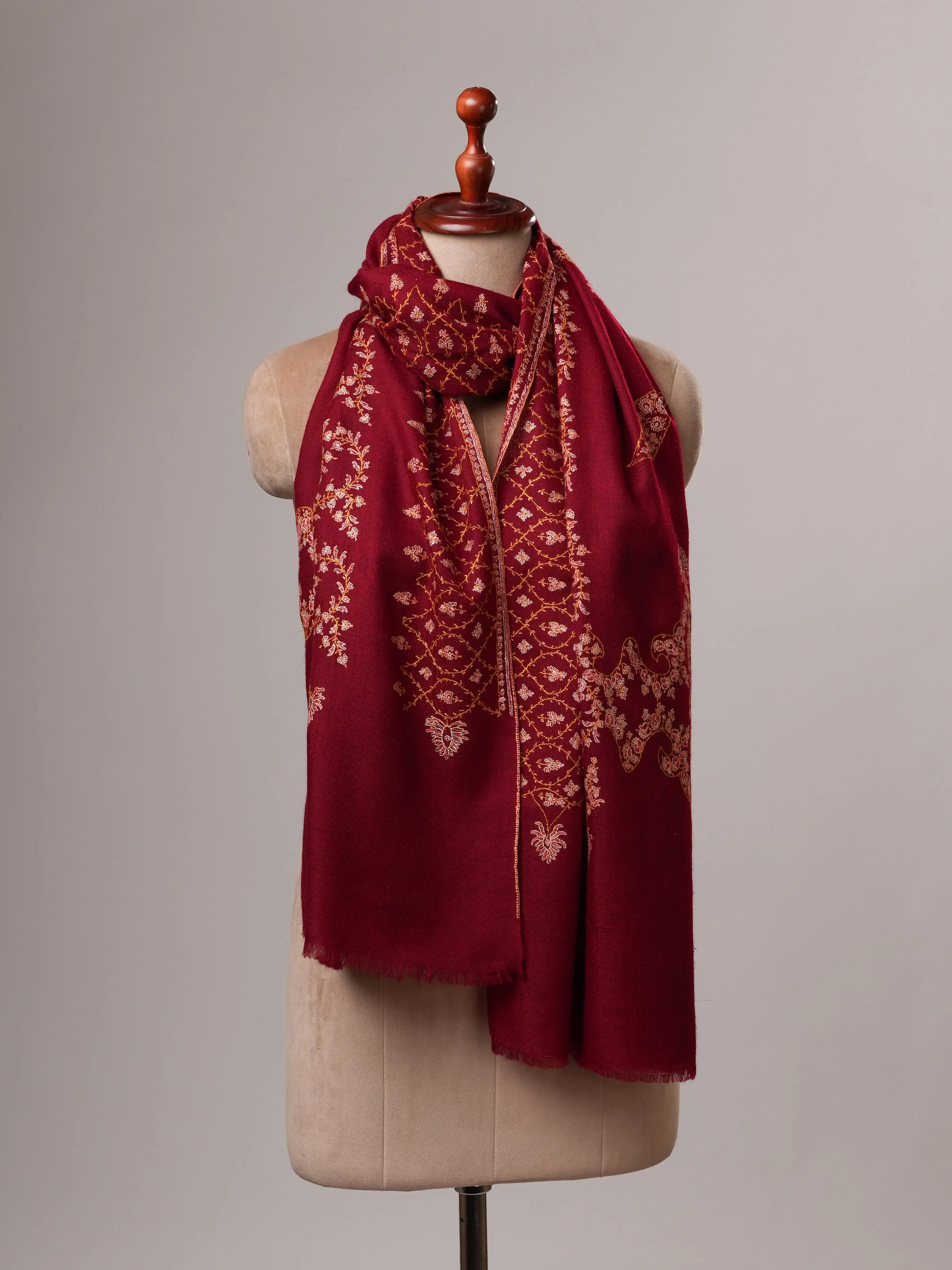 Maroon Hand Embroidered Cashmere Scarf with Fine Needlework Shahkaar