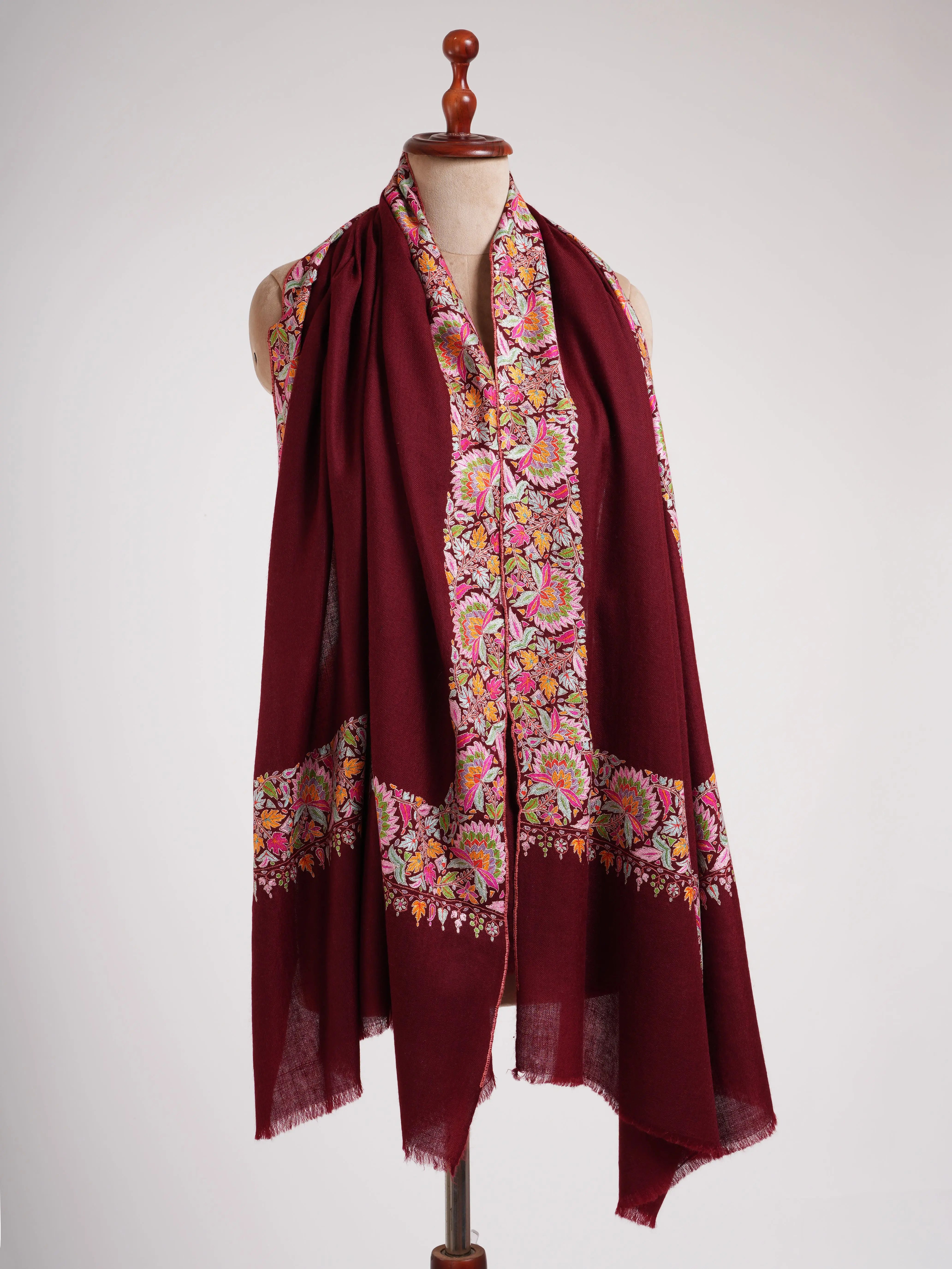 Maroon Hand Embroidered Kashmiri Pashmina Shawl Shahkaar