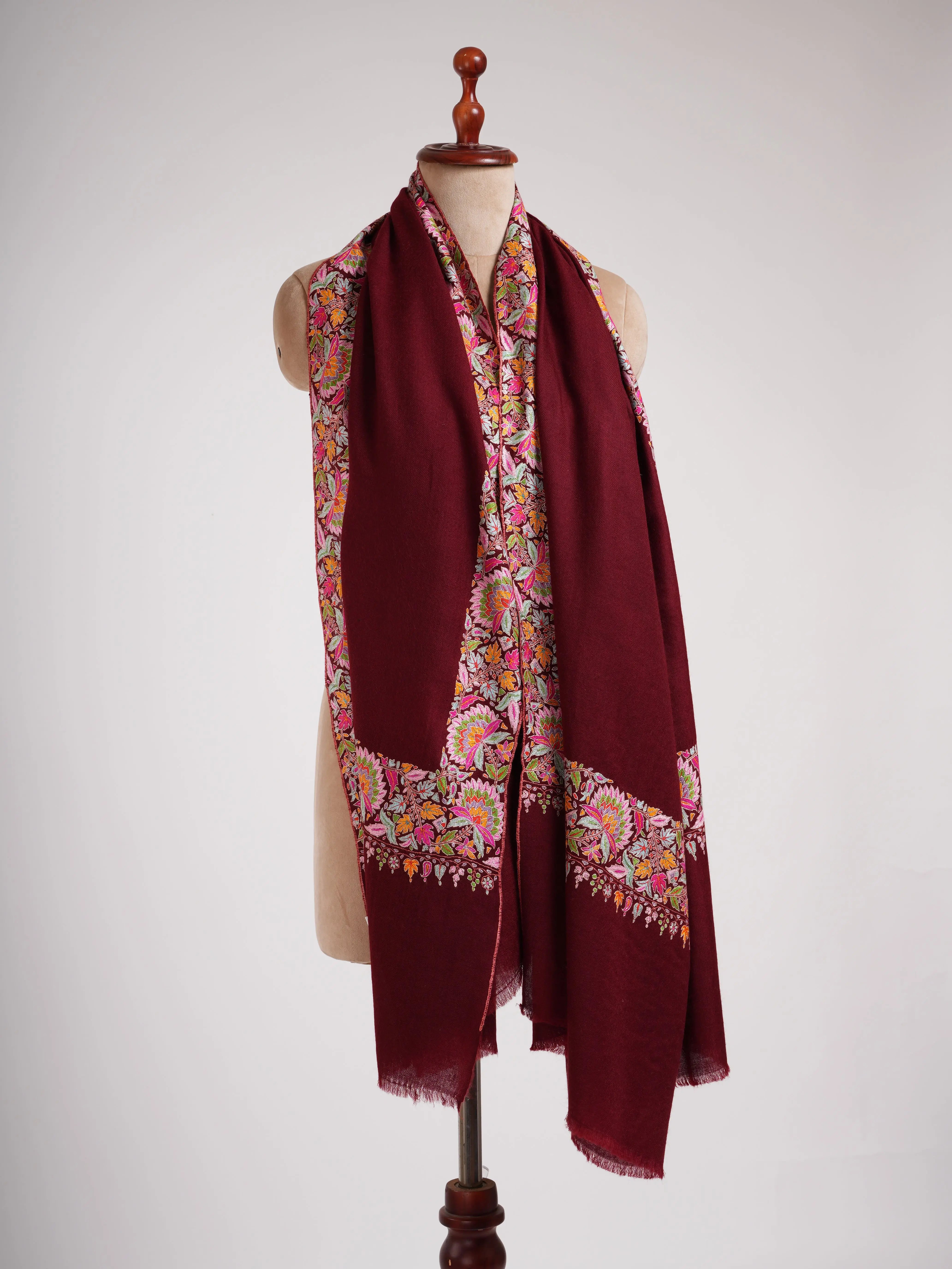 Maroon Hand Embroidered Kashmiri Pashmina Shawl Shahkaar