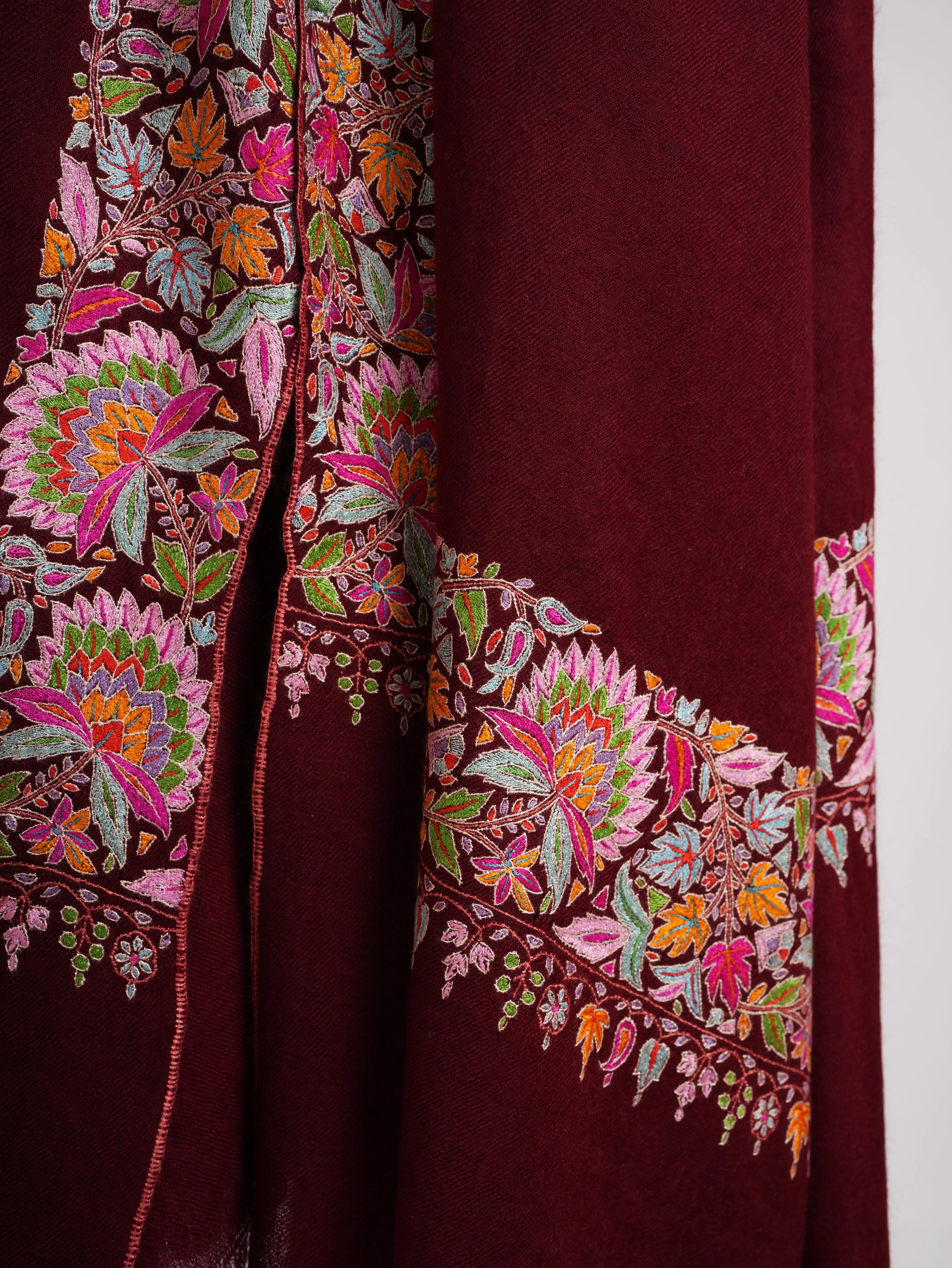 Maroon Hand Embroidered Kashmiri Pashmina Shawl Shahkaar