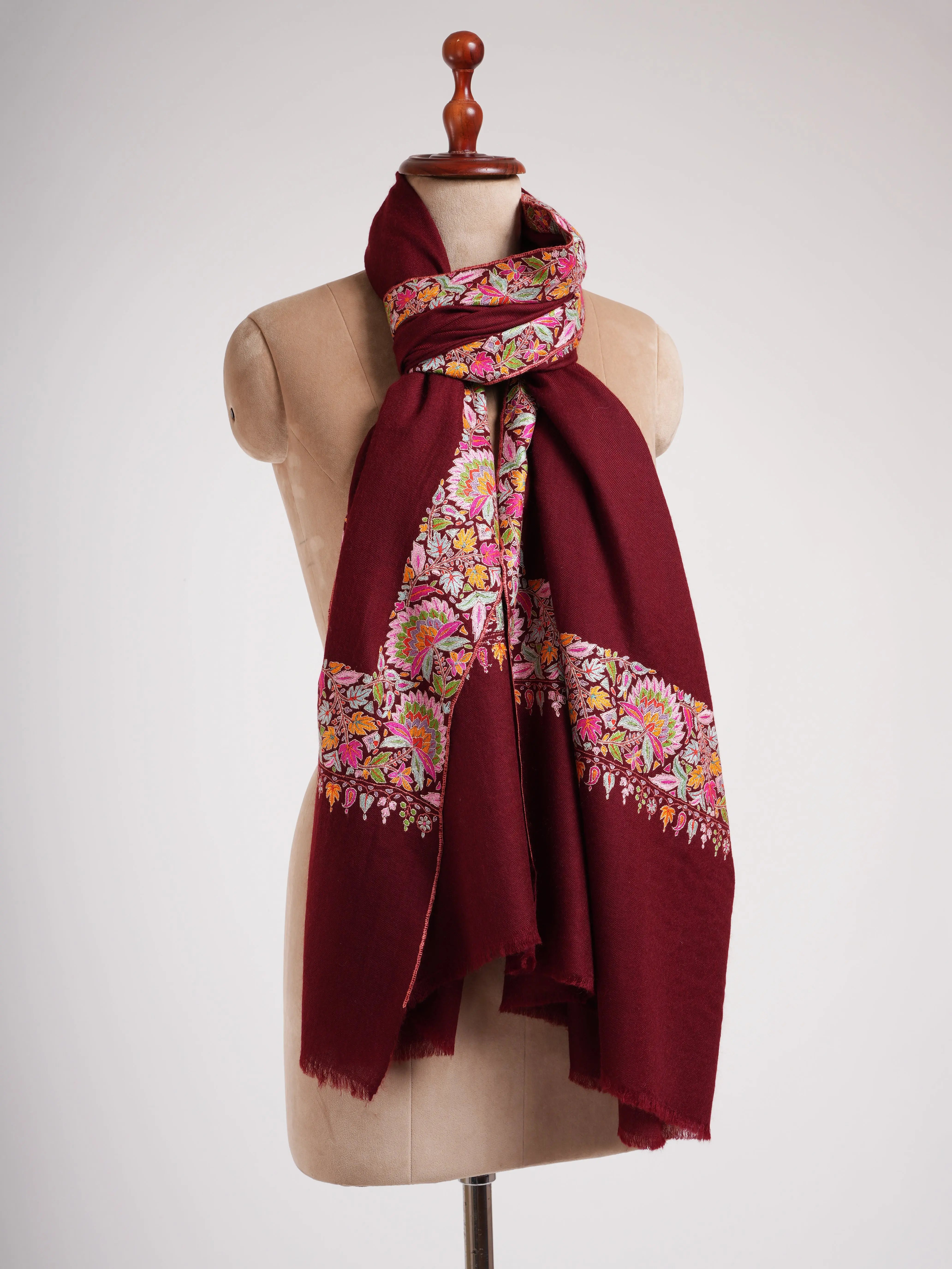 Maroon Hand Embroidered Kashmiri Pashmina Shawl Shahkaar