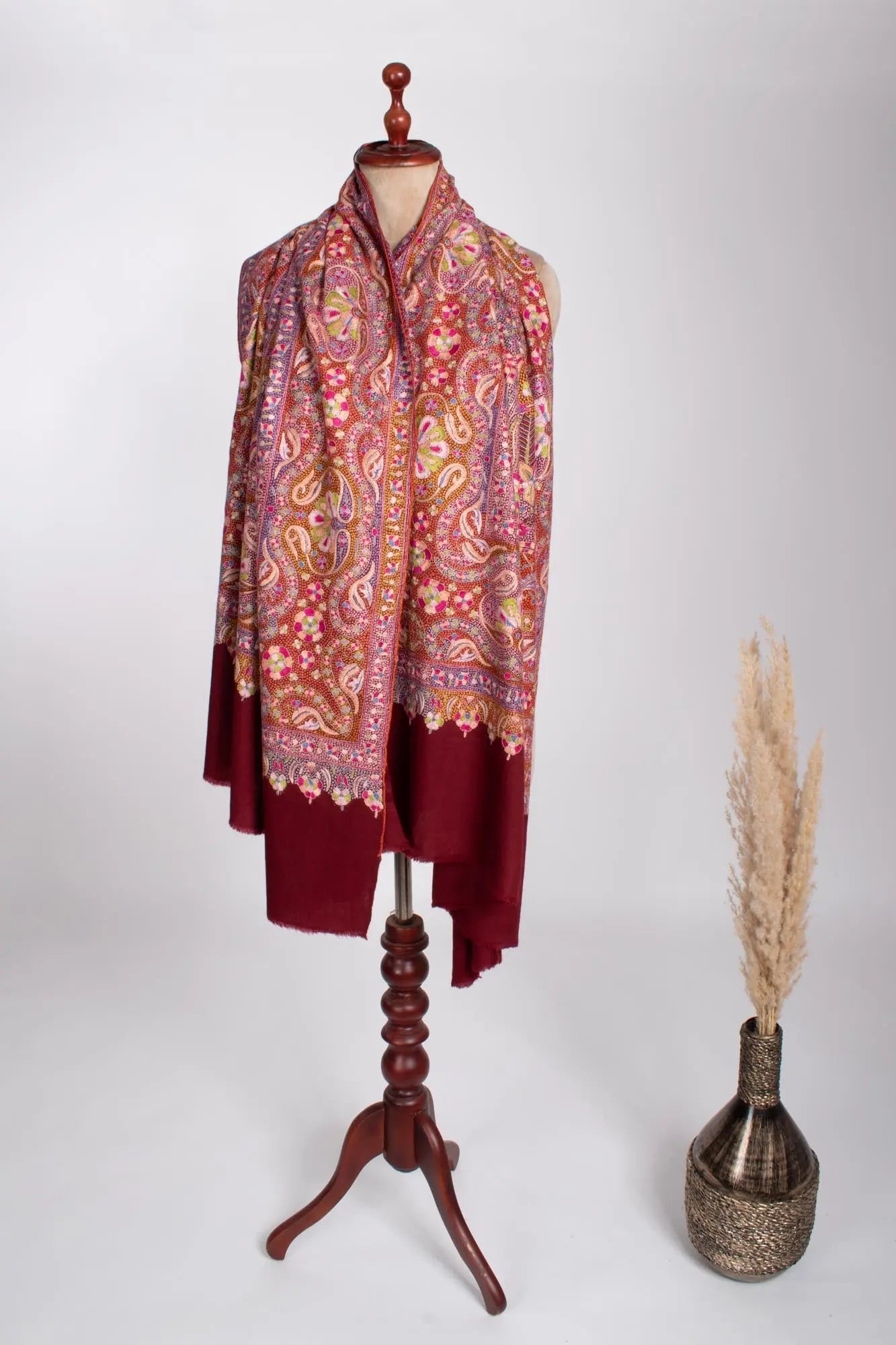 Maroon Hand Embroidered Papermachie Shawl - BARISHAL Shahkaar