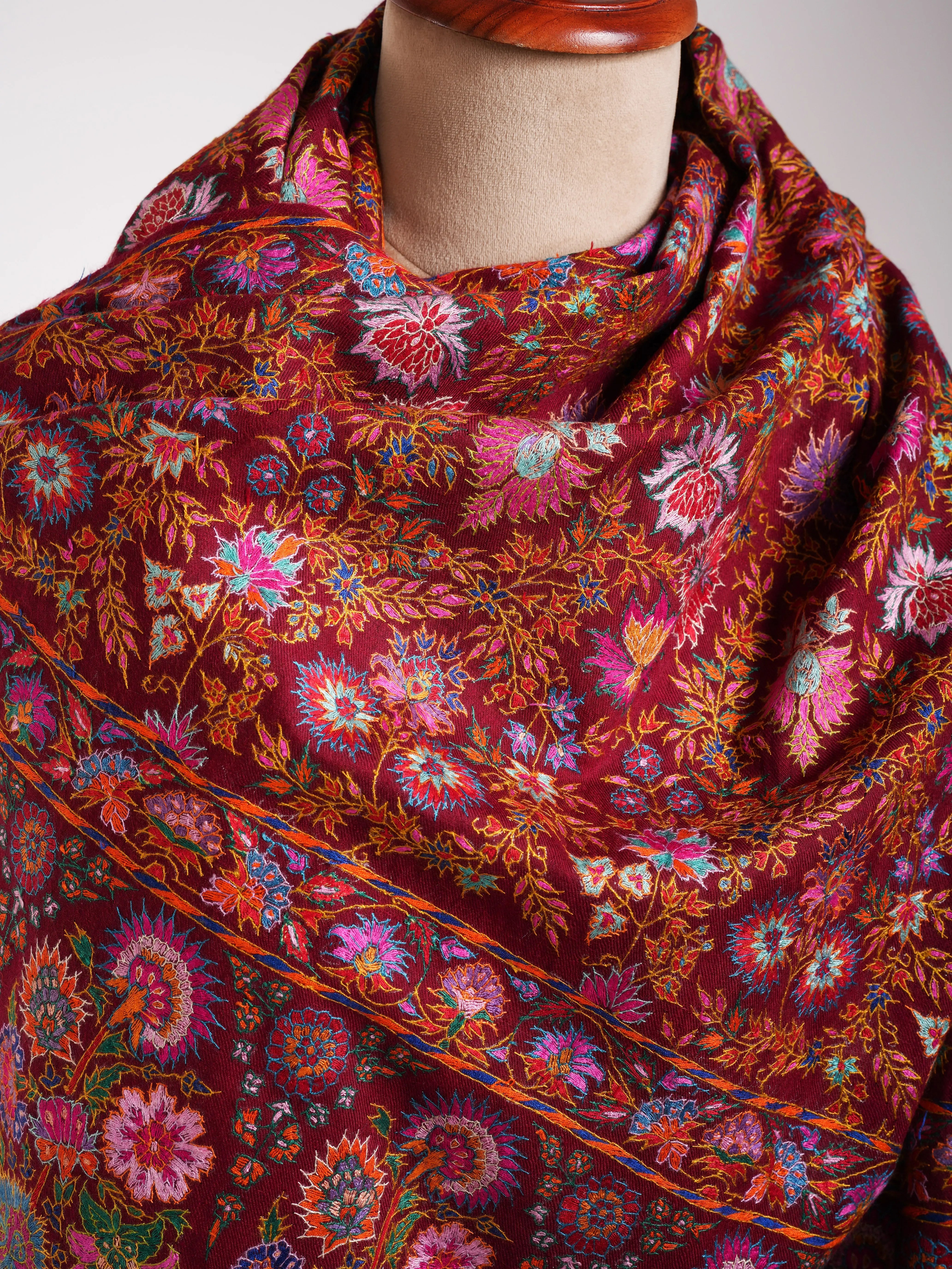 Maroon Hand Embroidered Pashmina Exclusive Jamavar Shawl Shahkaar