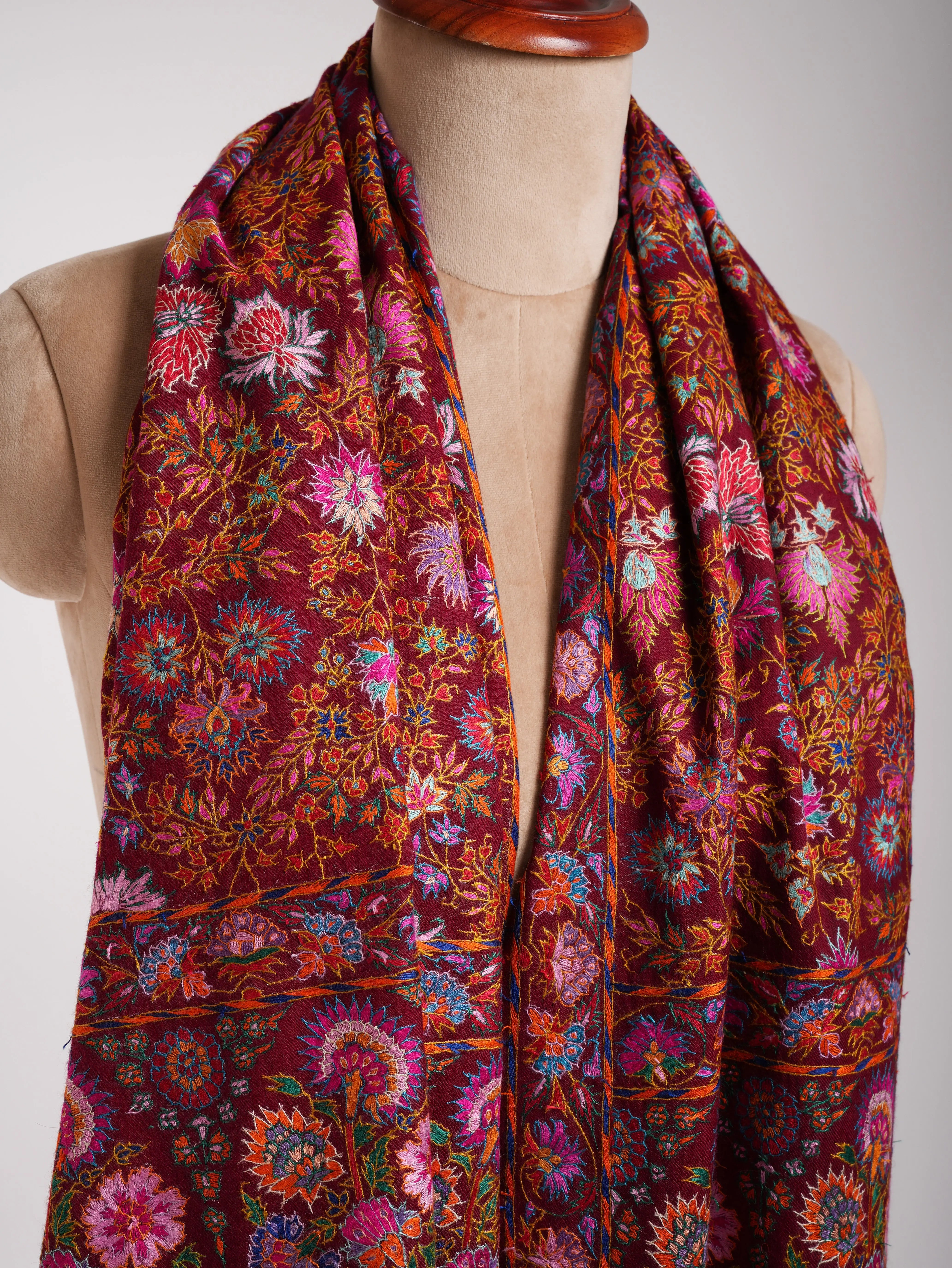 Maroon Hand Embroidered Pashmina Exclusive Jamavar Shawl Shahkaar