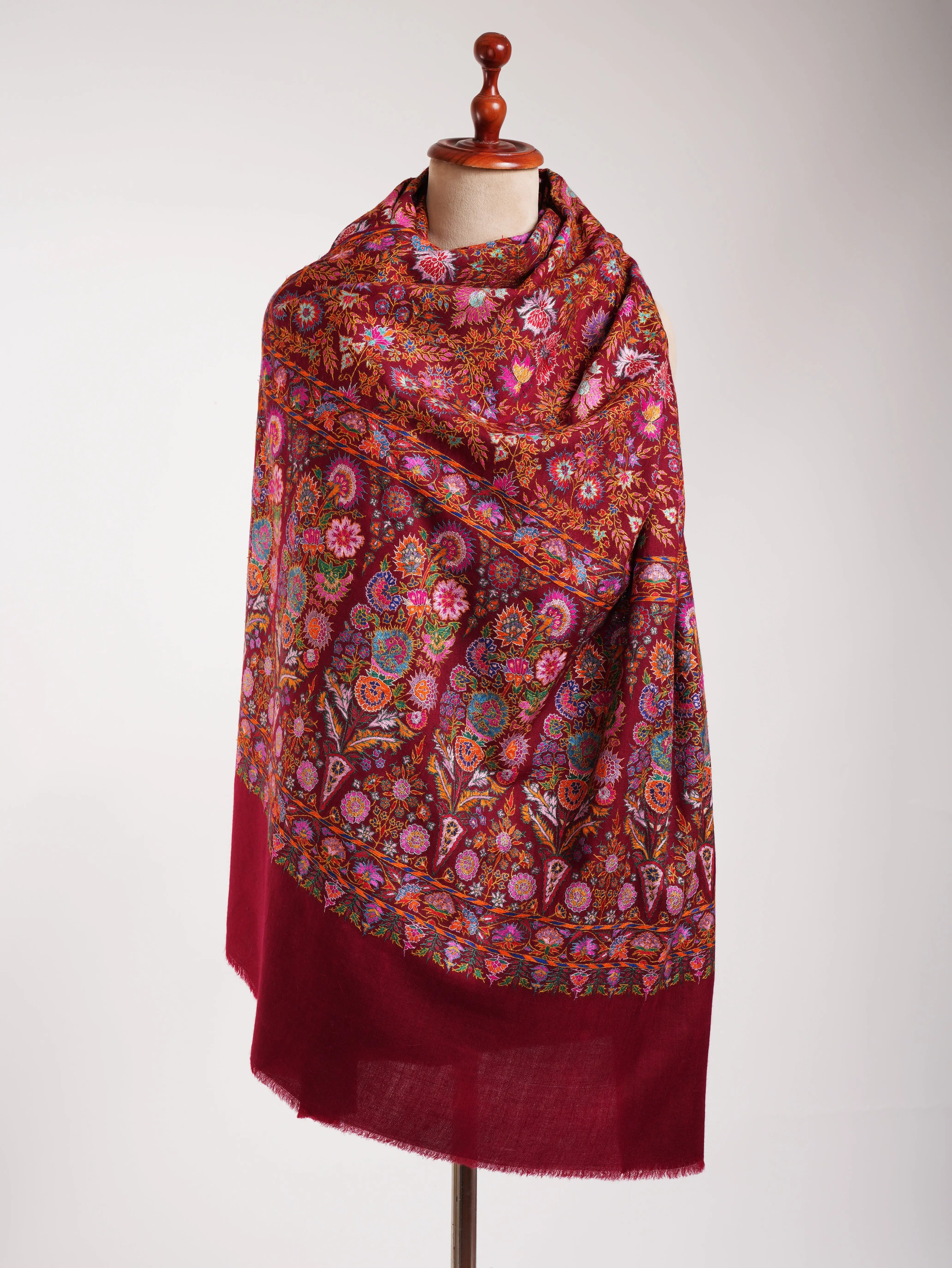 Maroon Hand Embroidered Pashmina Exclusive Jamavar Shawl Shahkaar